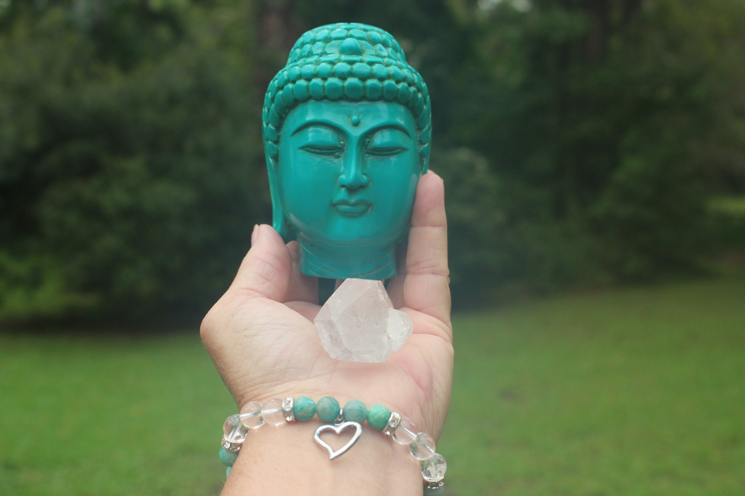 Meditation Room Relaxation Gift Set, Turquoise Color Buddha Head, Amazonite & Quartz Bracelet,  Large Quartz Crystal. Yoga Gift.