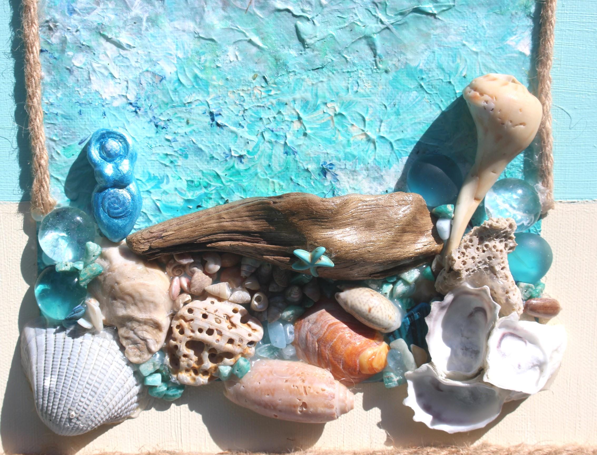 Coastal Décor Painted Wall Art Canvas, Original Ocean Art Collage, Handmade Island Life , Beach Aesthetic Vintage Style, Small Clay Mermaid.
