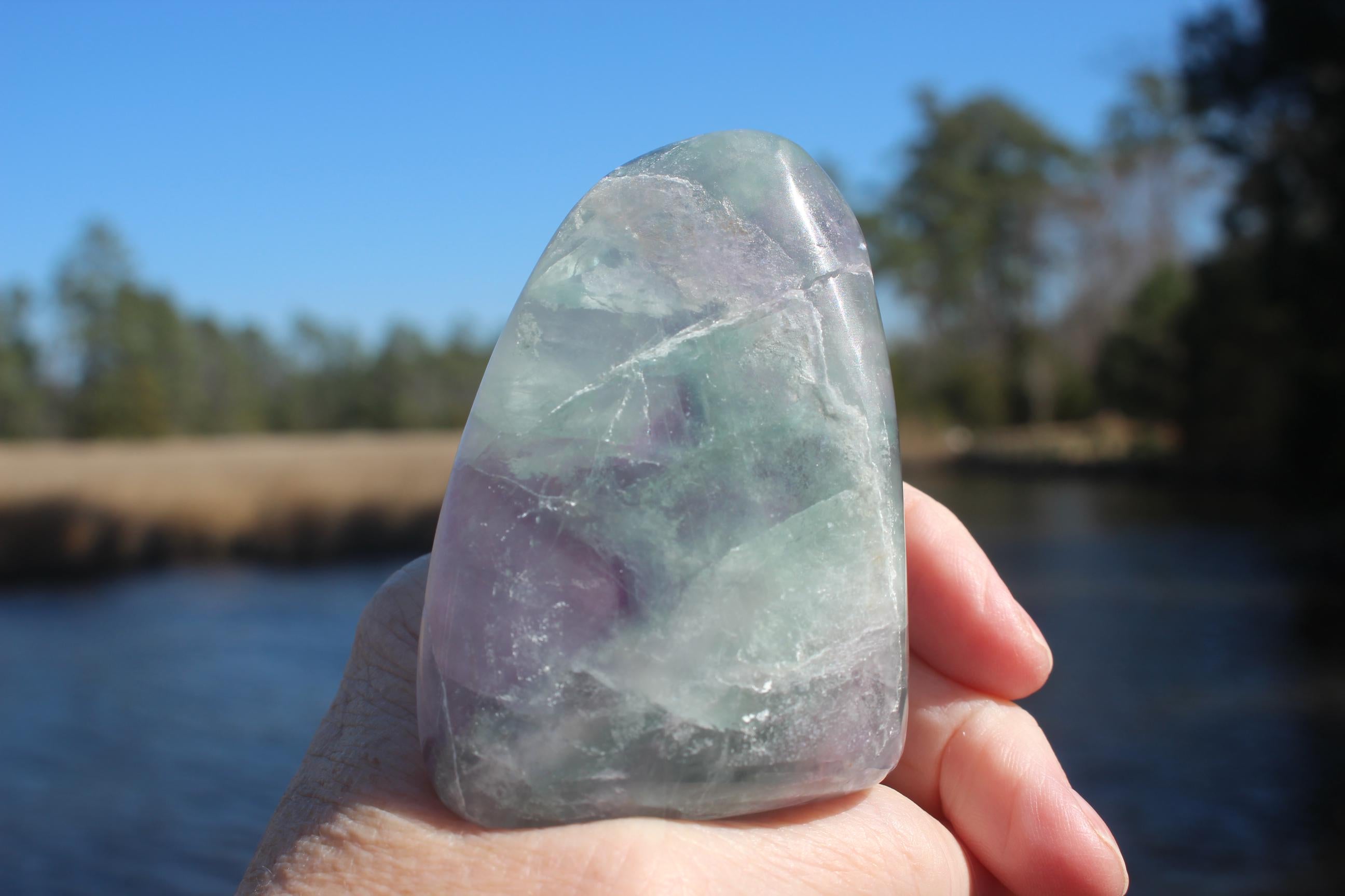 Large Free Form Fluorite Crystal Rock Specimen, Polished Fluorite Gemstone,  Purple Green Translucent Gem. Great Buy!
