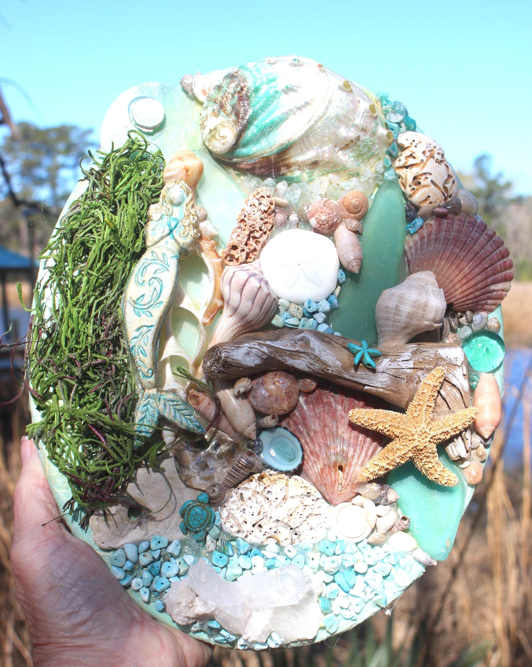 Shell Canvas Wall Art Décor, Original Mermaid  Ocean Art w/ Driftwood, Handmade Island Life Sea Collage, Titled Maiden Voyage. 8 by 10 inch.