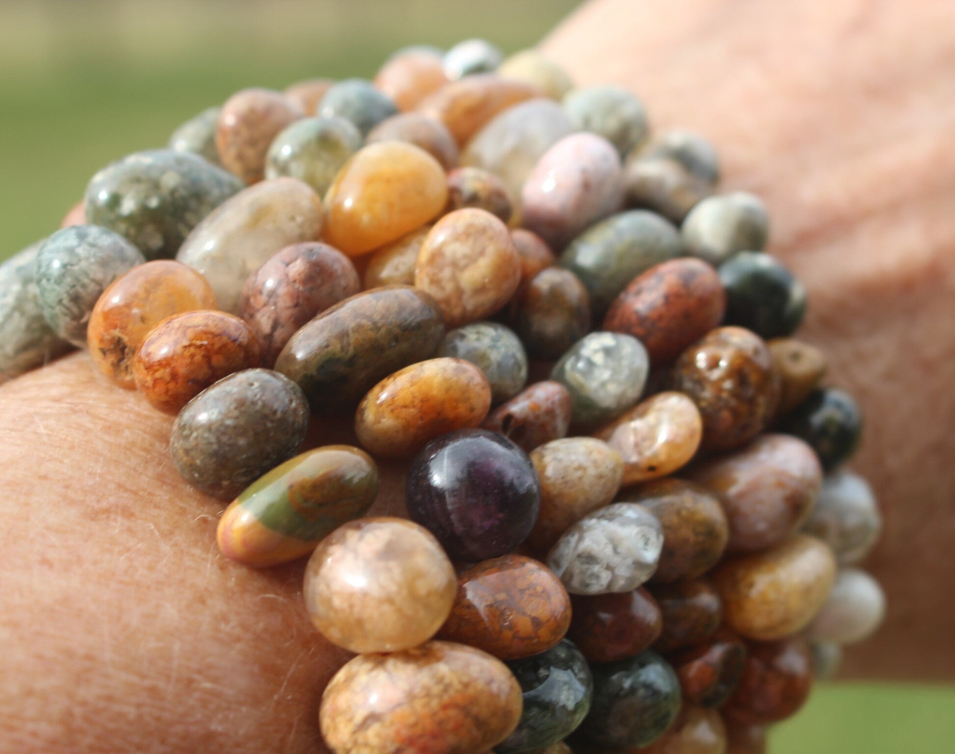 Handmade Ocean Jasper Stretch Bracelet, Fits Most Wrists, Polished Crystal Gemstone, Natural Earth Toned Colors, Chakra Yoga Jewelry.