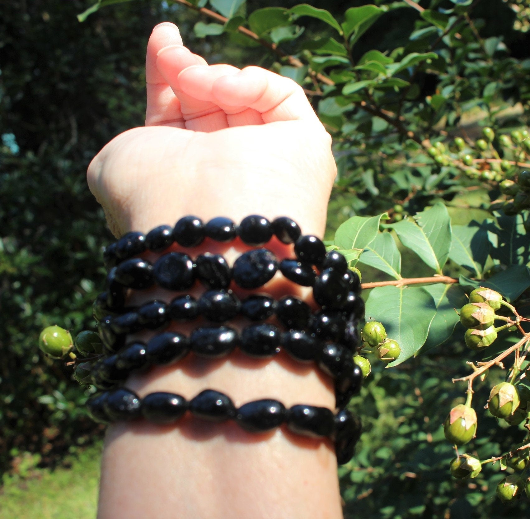 Black Obsidian Beaded Stretch Bracelet, Fits Most Wrists, Nice Polish. Round Crystal-Gemstone Jewelry, Jet Black Color.