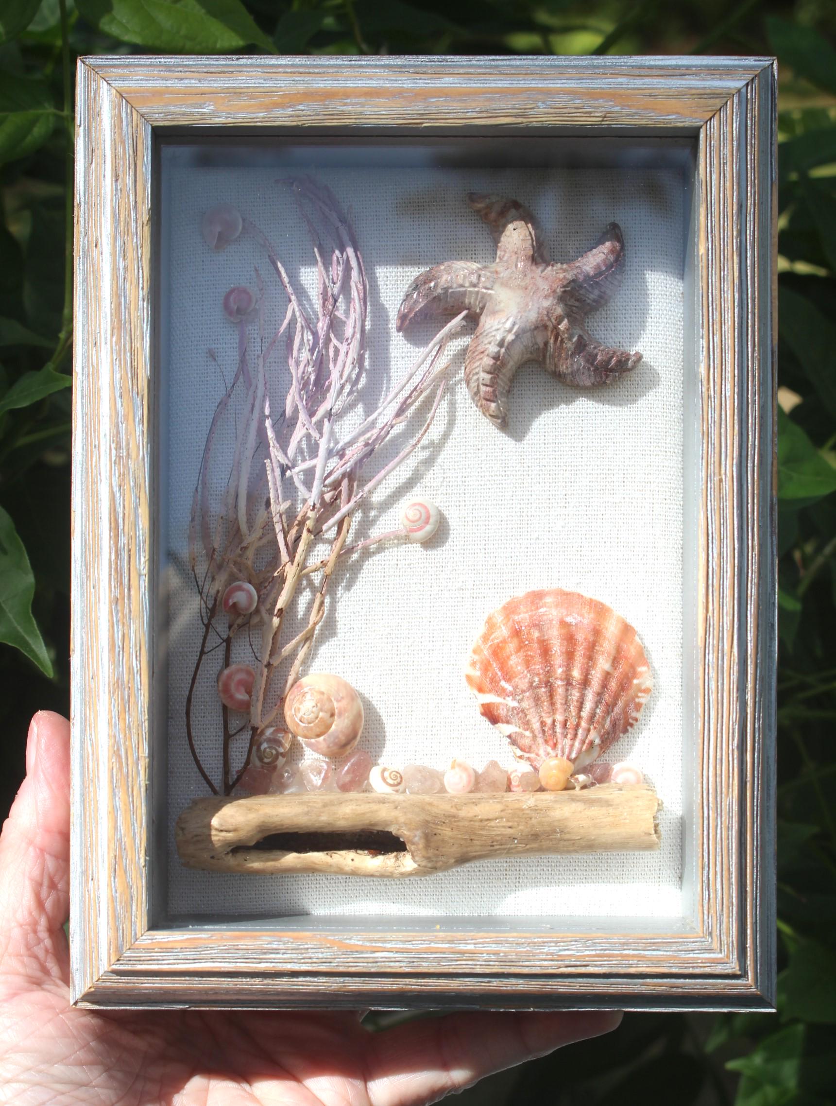 Ocean Theme Shadow Box, Handmade Shell Driftwood Coastal Home Décor.  Weathered Wood Frame.
