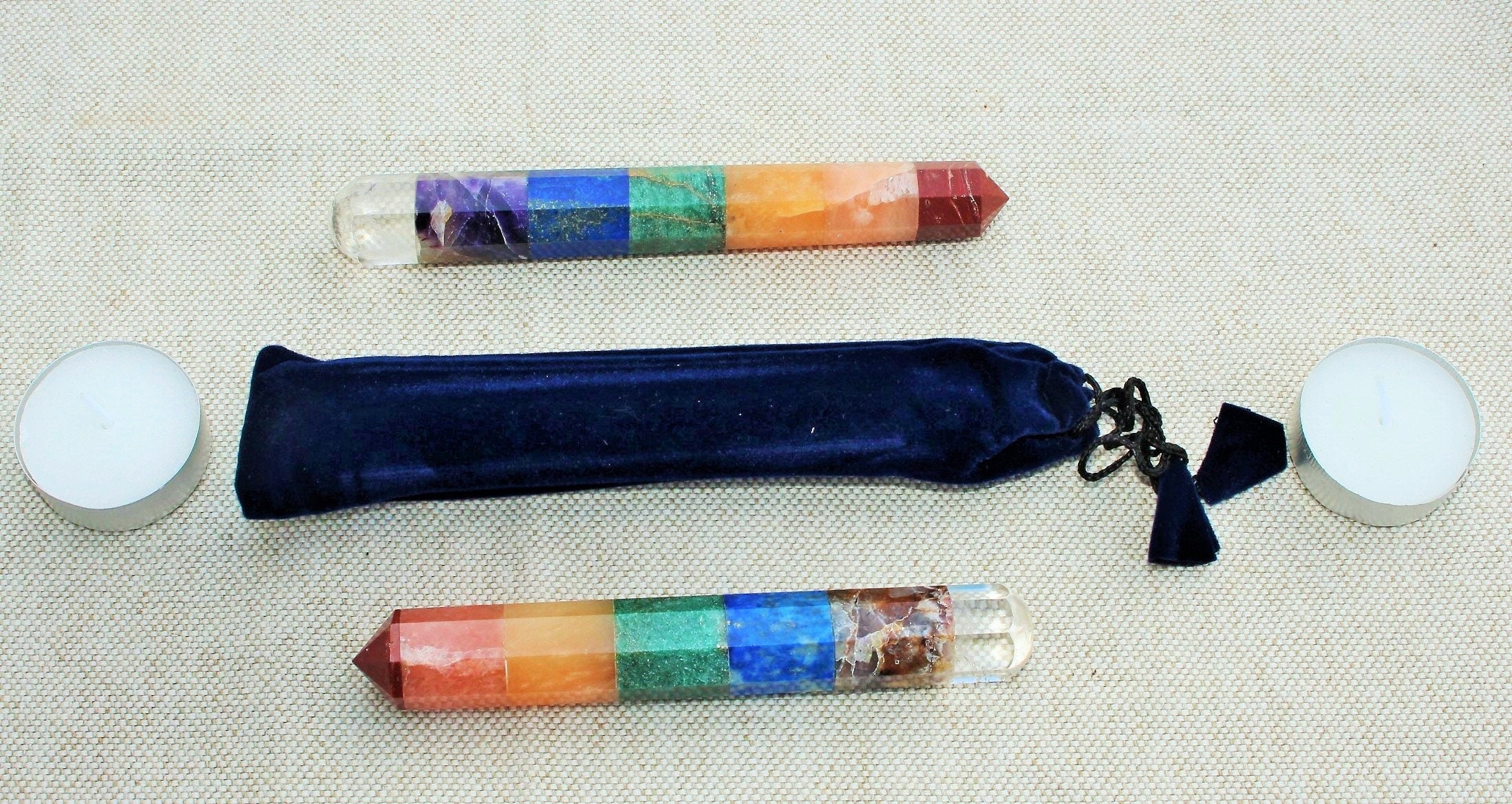 Chakra Wand Seven Gemstones, Healing Energy Terminated Crystal, Reflexology Reiki Massage Wand, Nicely Polished, with Velvet Bag