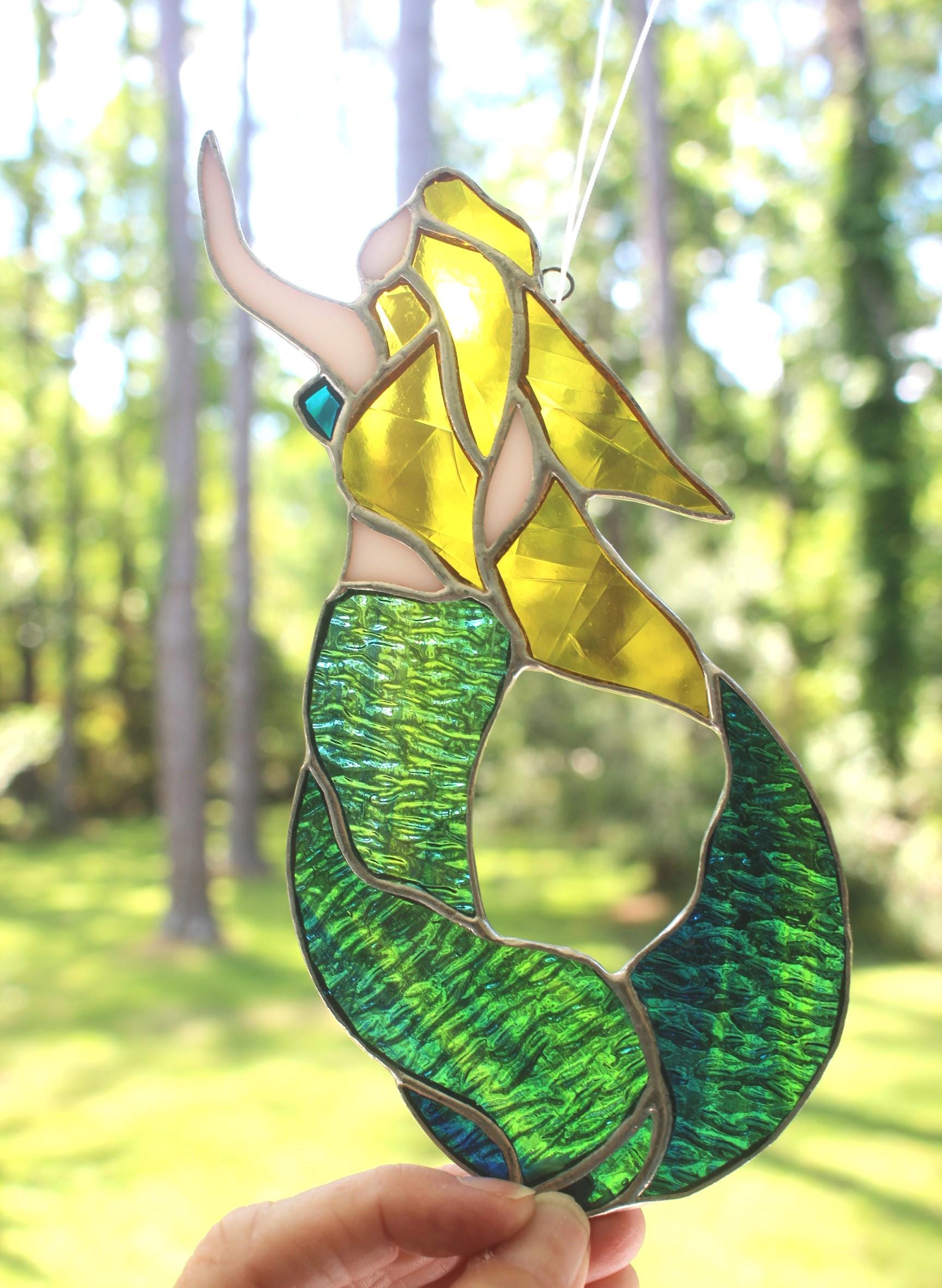 New! Real Stained Glass Mermaid Sun Catcher, Beautiful colors & detail, Well made glass handcraft, Coastal Figurine, Ready to Hang Wall Art!
