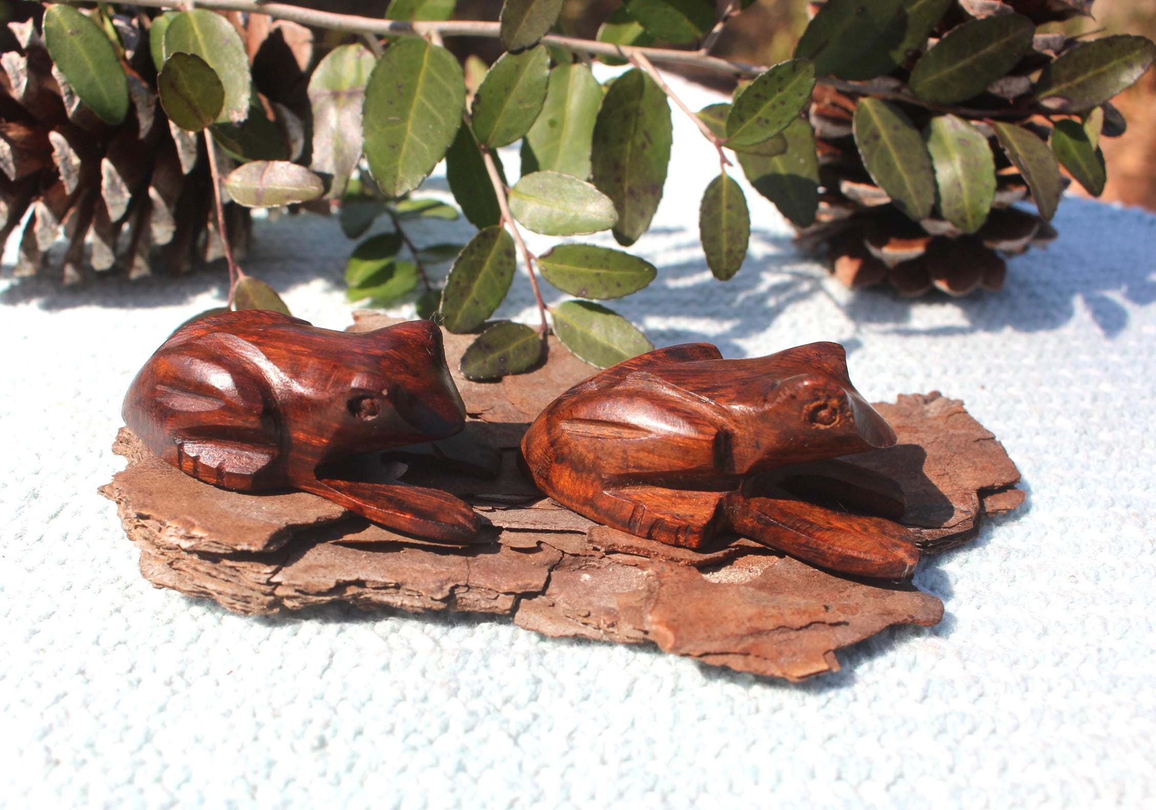 Pair of Rustic Hand Carved Wood Frogs, Small Woodland Animal Figurine, Totem Animal for Altars- Home Décor Collectible.