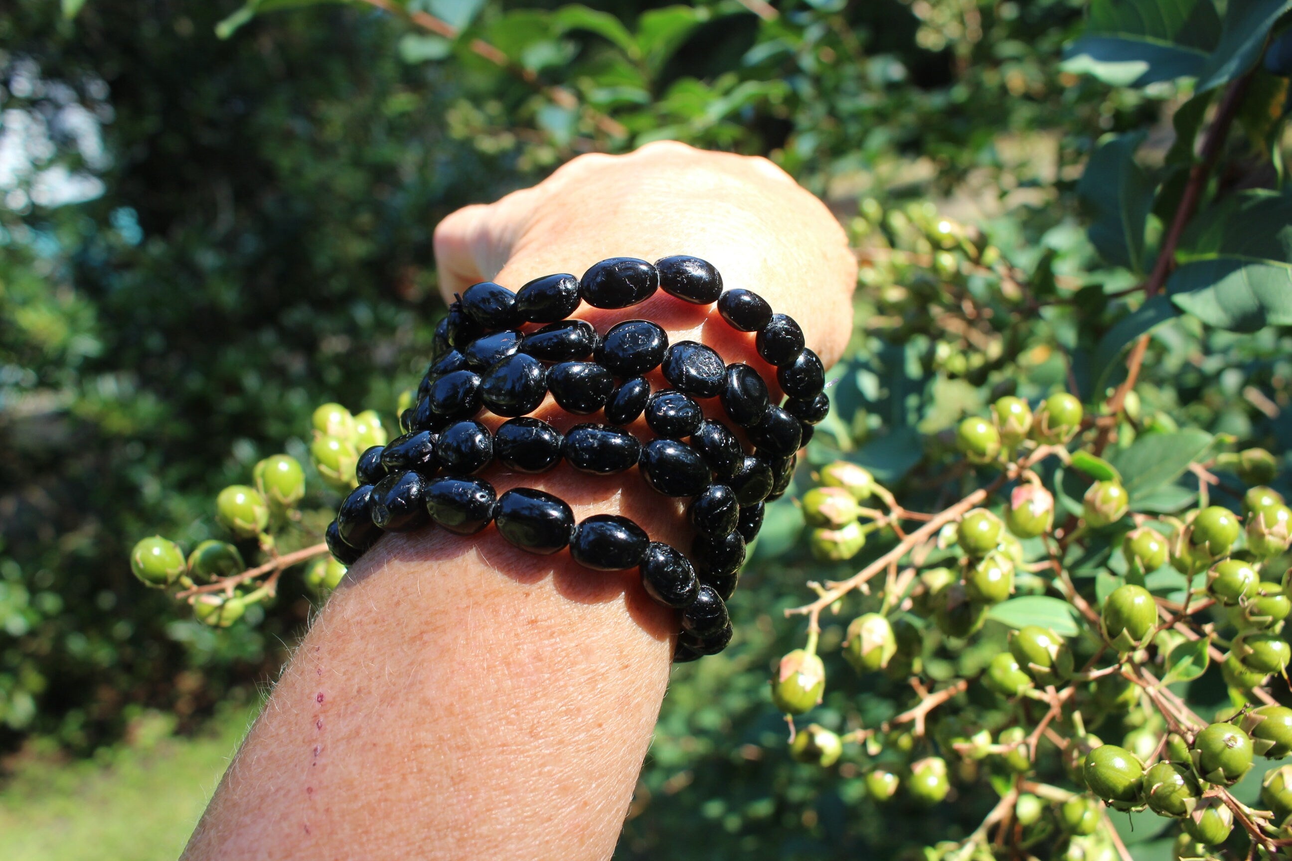 Black Obsidian Beaded Stretch Bracelet, Fits Most Wrists, Nice Polish. Round Crystal-Gemstone Jewelry, Jet Black Color.