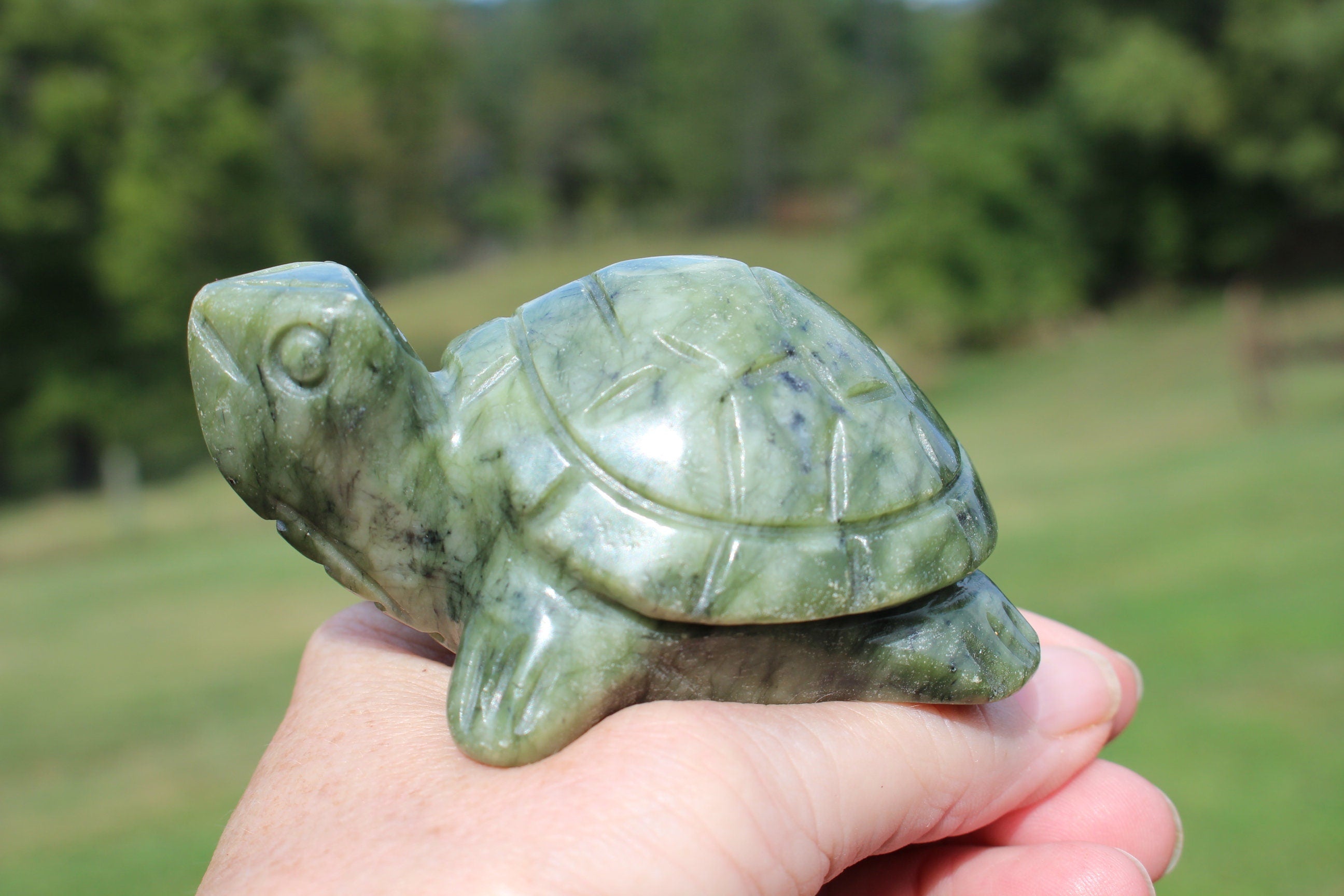 Carved Gemstone Turtle Figurine, Green Serpentine Totem,  Ex Large Woodland Animal, for Terrariums, Crystal Home Décor. Collectible.