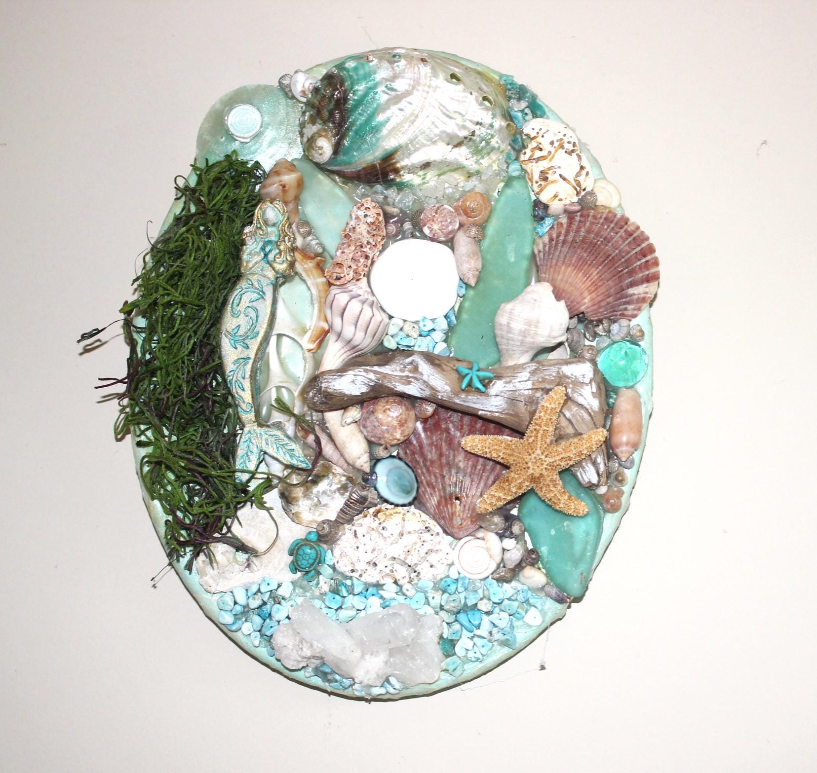 Shell Canvas Wall Art Décor, Original Mermaid  Ocean Art w/ Driftwood, Handmade Island Life Sea Collage, Titled Maiden Voyage. 8 by 10 inch.