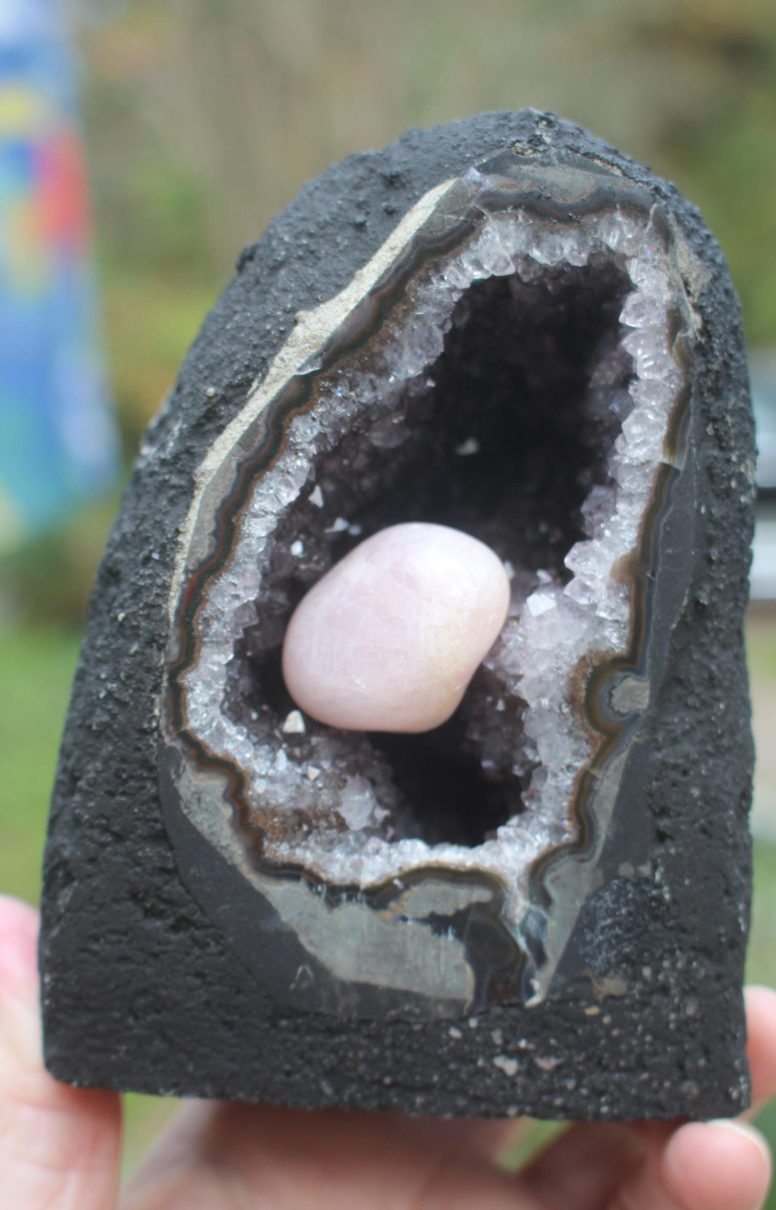 Amethyst Geode Crystal Cave Cathedral w/ Rose Quartz Stone,  Hollow Geode Collectible Specimen. Boho Home Décor, Priority Mail Shipping.