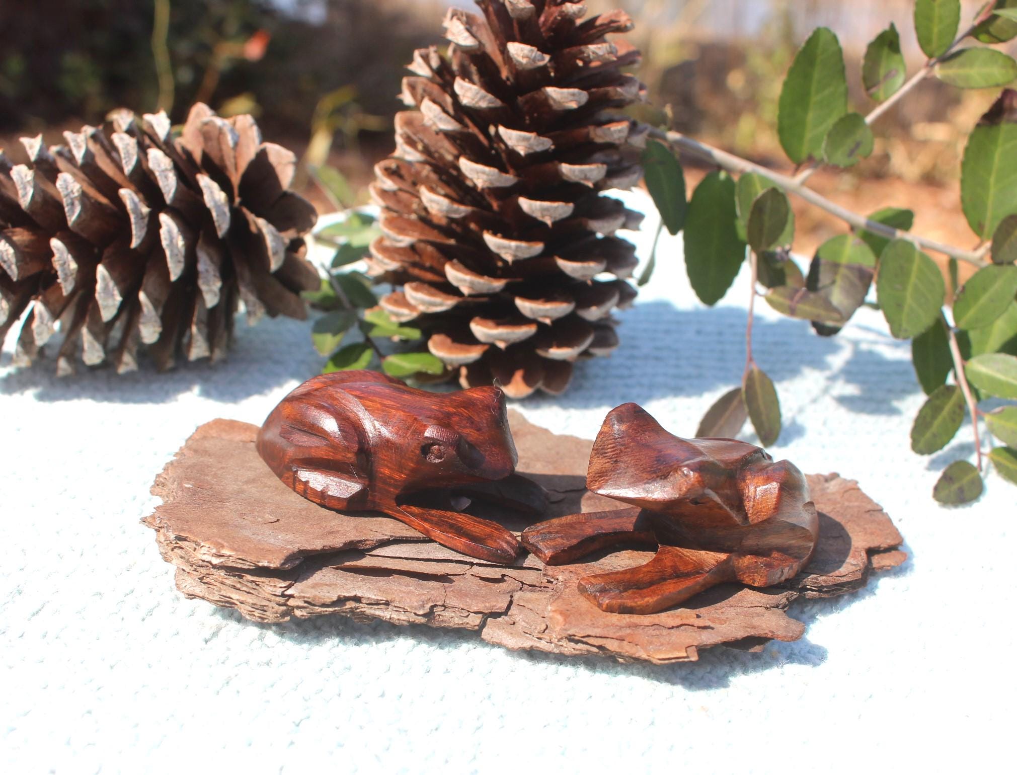 Pair of Rustic Hand Carved Wood Frogs, Small Woodland Animal Figurine, Totem Animal for Altars- Home Décor Collectible.