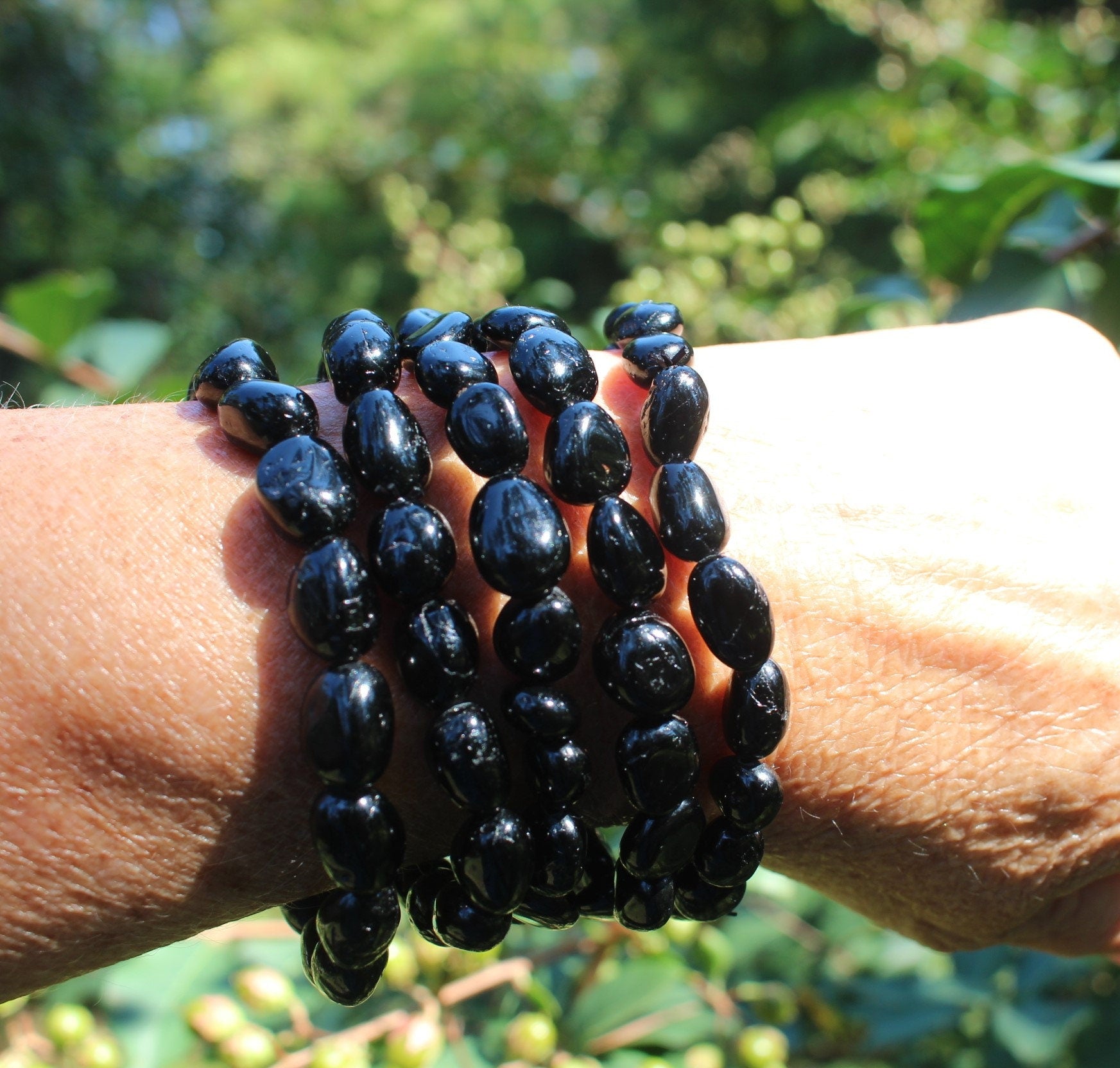 Black Obsidian Beaded Stretch Bracelet, Fits Most Wrists, Nice Polish. Round Crystal-Gemstone Jewelry, Jet Black Color.