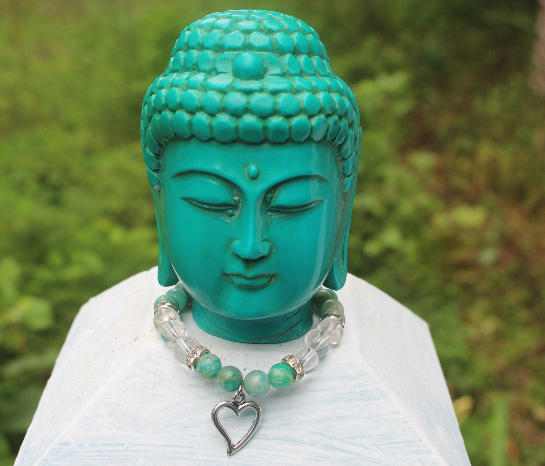 Meditation Room Relaxation Gift Set, Turquoise Color Buddha Head, Amazonite & Quartz Bracelet,  Large Quartz Crystal. Yoga Gift.