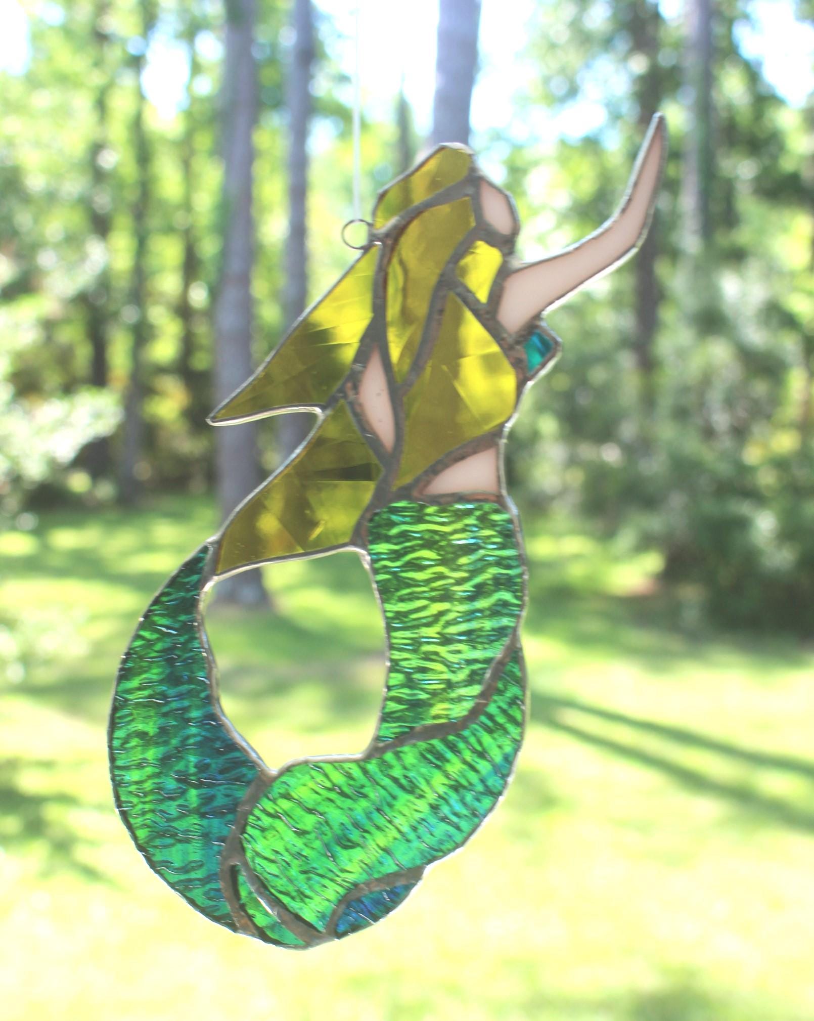 New! Real Stained Glass Mermaid Sun Catcher, Beautiful colors & detail, Well made glass handcraft, Coastal Figurine, Ready to Hang Wall Art!