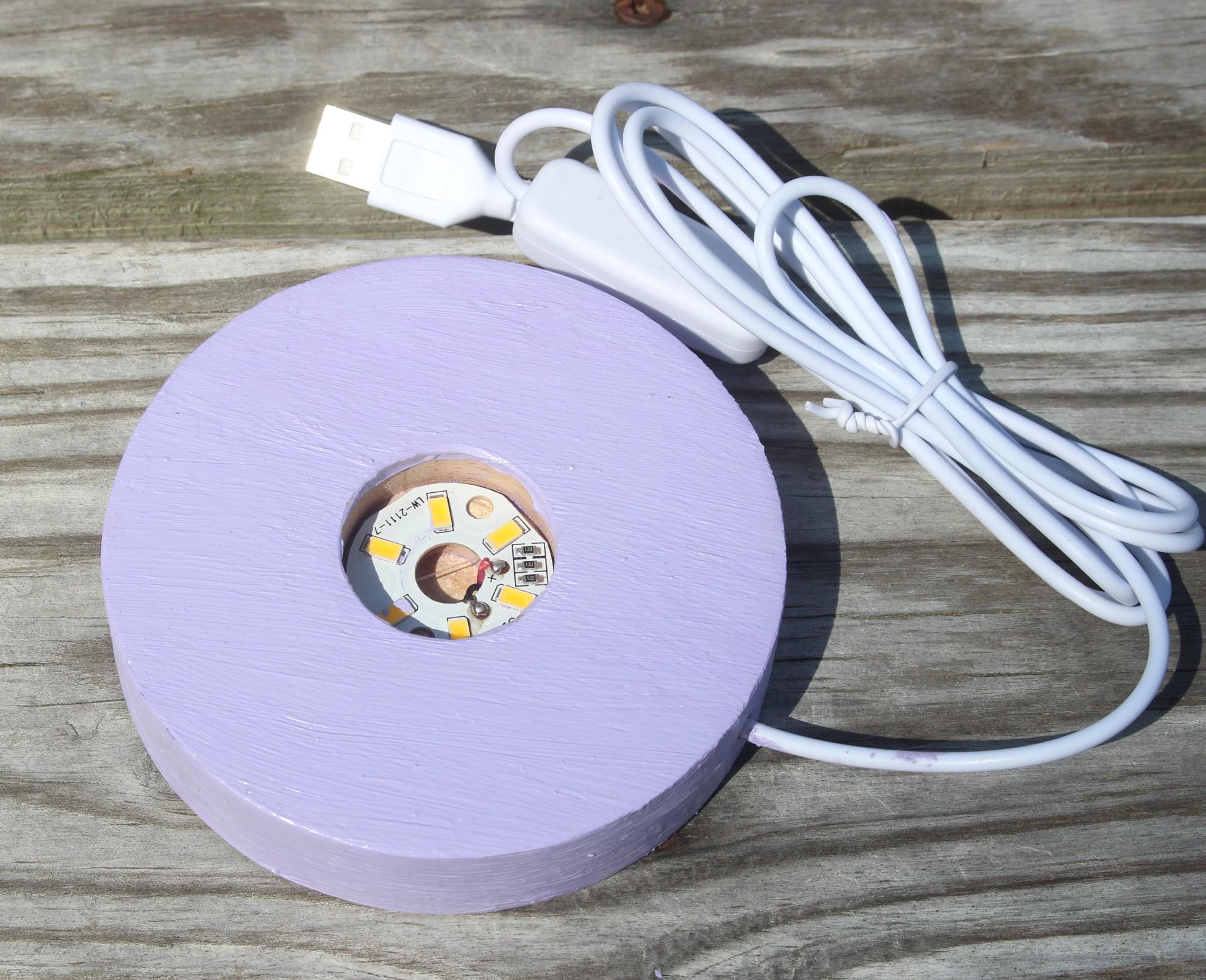 Fluorite Crystal Ball Night Light, Hand Painted Lavender Wooden Frame,  LED Nite Lite USB plug. Coastal Home Decor