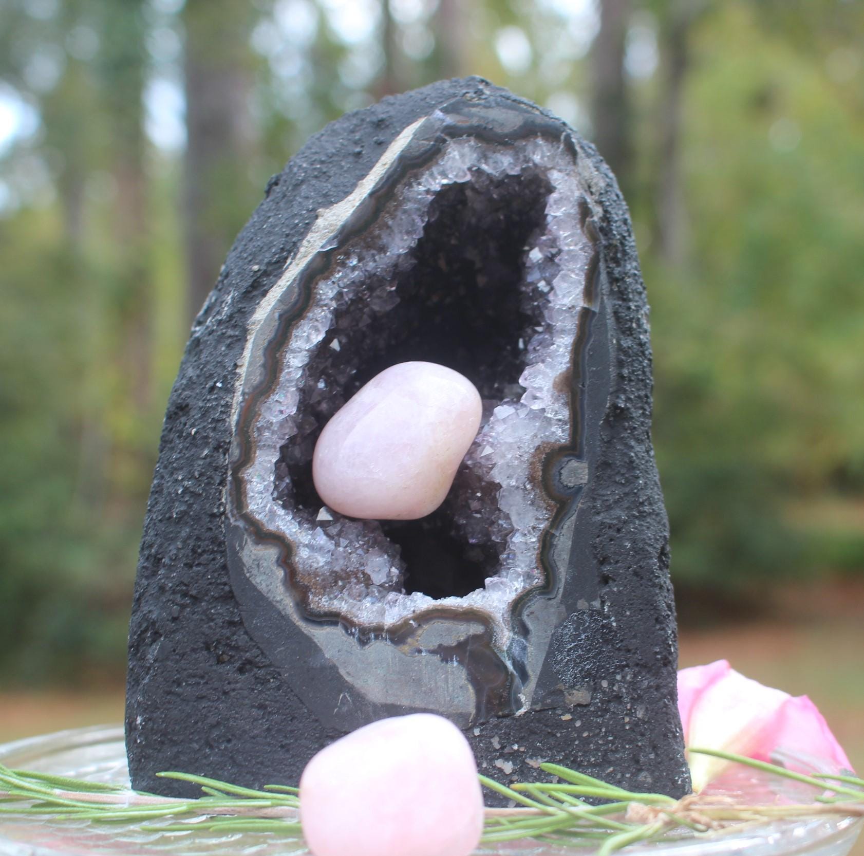 Amethyst Geode Crystal Cave Cathedral w/ Rose Quartz Stone,  Hollow Geode Collectible Specimen. Boho Home Décor, Priority Mail Shipping.