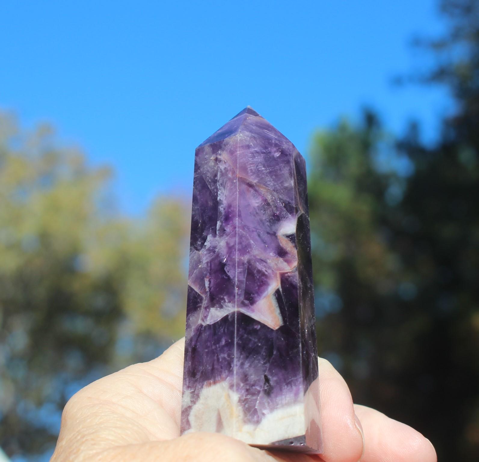 Beautiful Purple Amethyst Point, Wand, Polished Crystal Obelisk Tower.  High Quality Standing Gemstone Specimen. Chevron Amethyst.