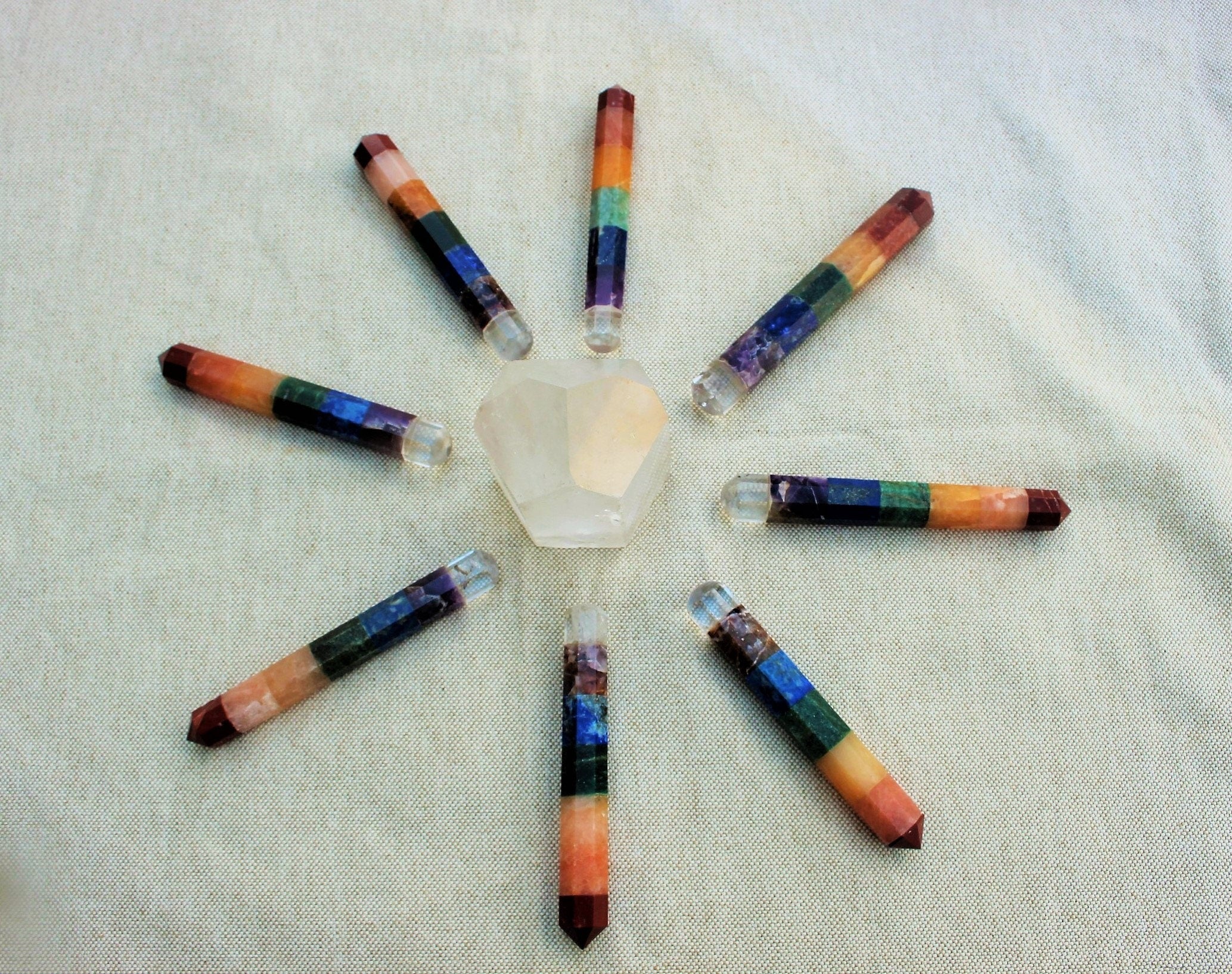 Chakra Wand Seven Gemstones, Healing Energy Terminated Crystal, Reflexology Reiki Massage Wand, Nicely Polished, with Velvet Bag