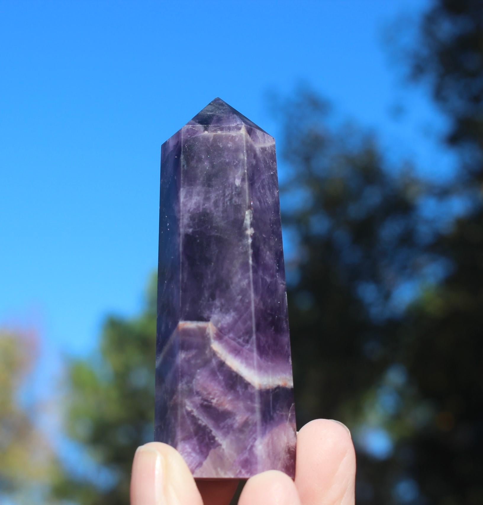 Chevron Amethyst Terminated Point/Wand. Purple Tower, Polished Crystal Obelisk High Quality.