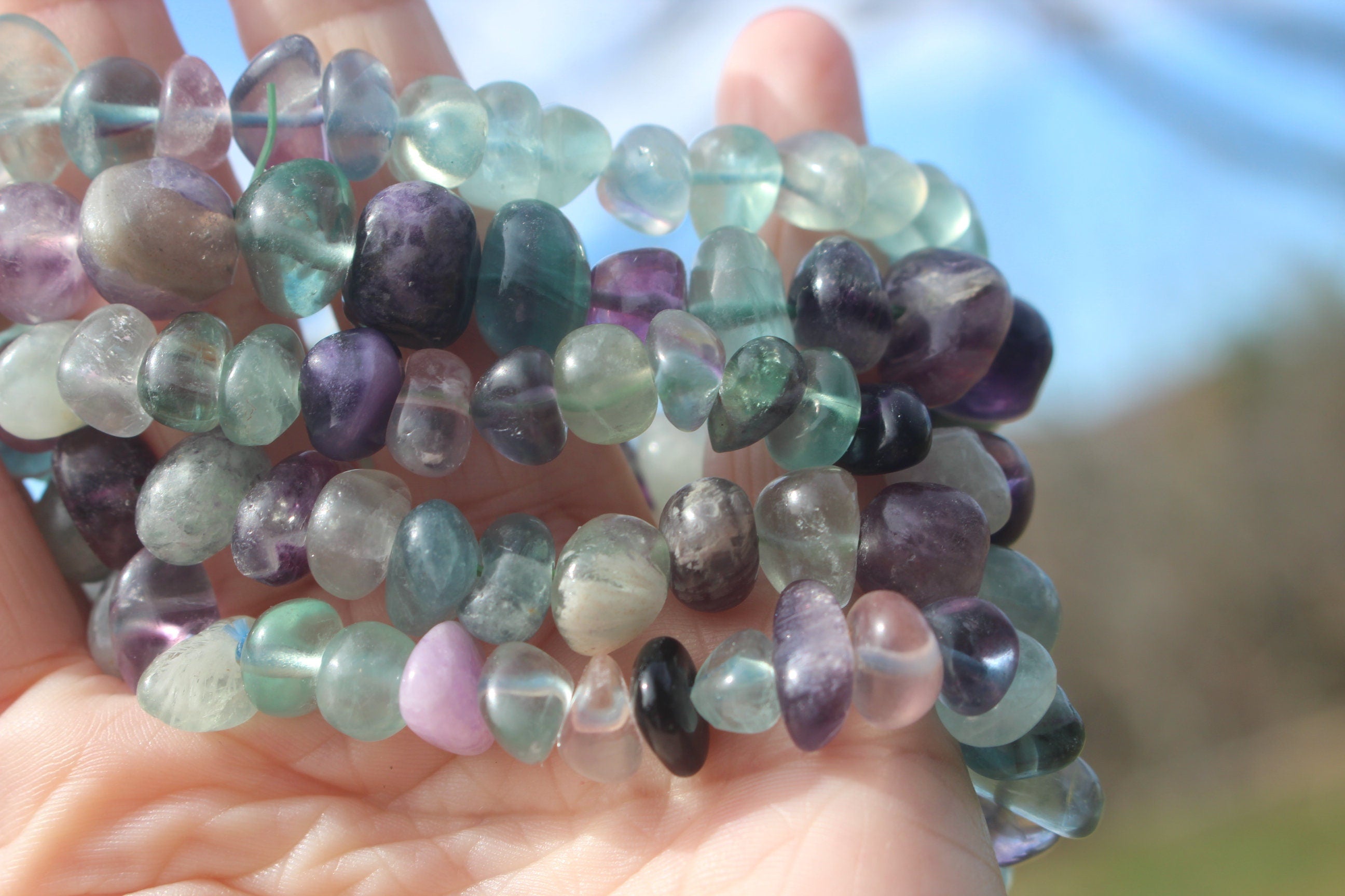Rainbow Fluorite Chunky Stretch Bracelet, Fits Most Wrists, Natural Multicolored, Polished Gemstones. Chakra Jewelry.
