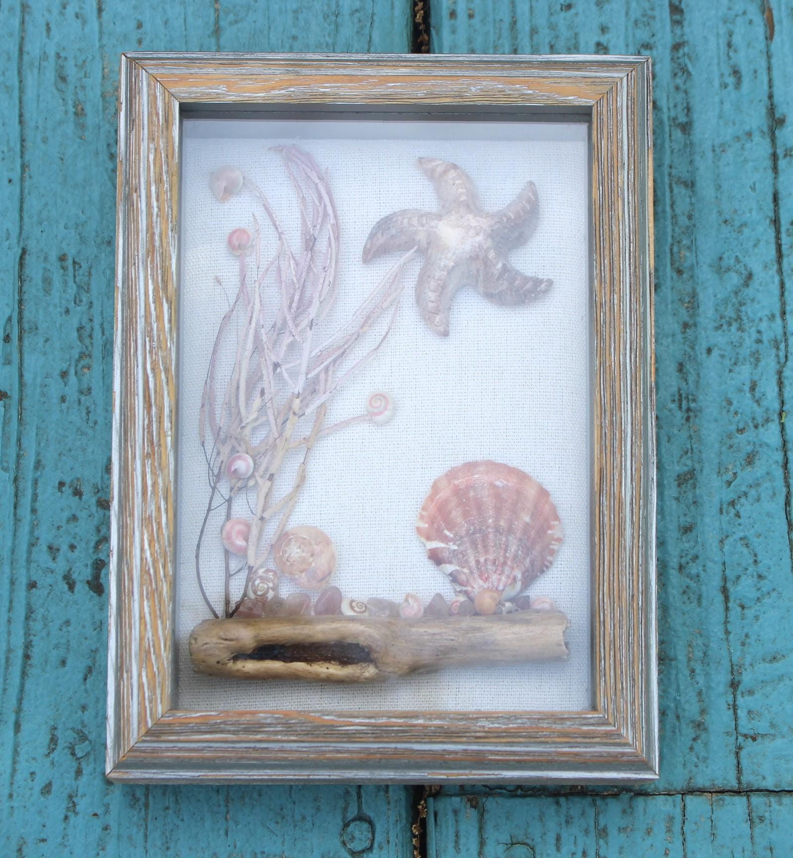 Ocean Theme Shadow Box, Handmade Shell Driftwood Coastal Home Décor.  Weathered Wood Frame.