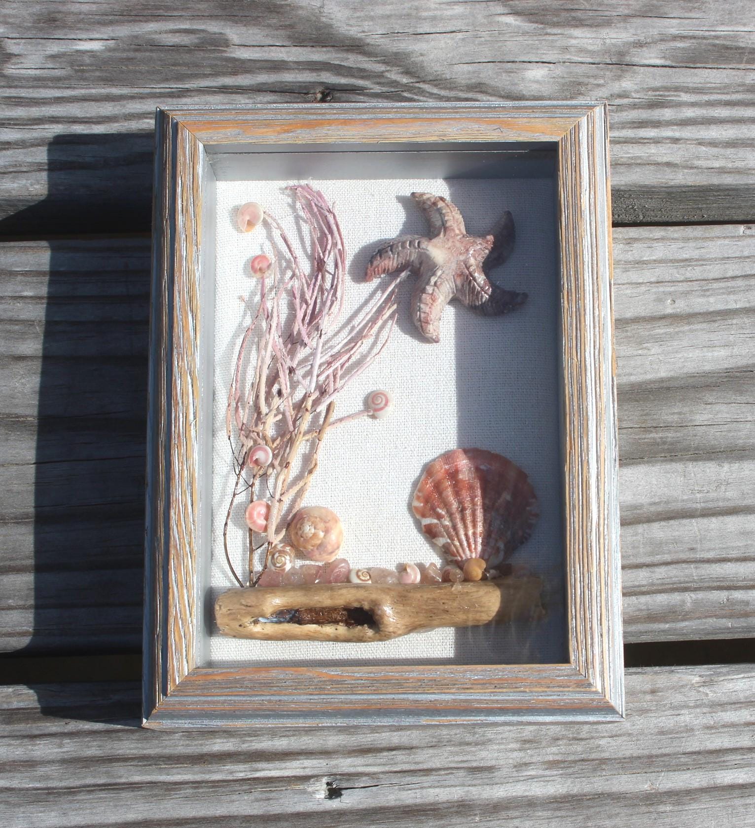 Ocean Theme Shadow Box, Handmade Shell Driftwood Coastal Home Décor.  Weathered Wood Frame.