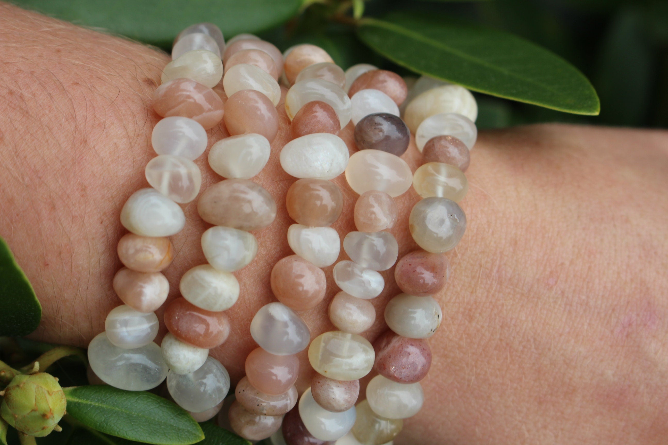 Handmade Moonstone Stretch Bracelet, Fits most Wrists, Peach White Grey Polished Crystal Gemstones Chunky Bracelet.