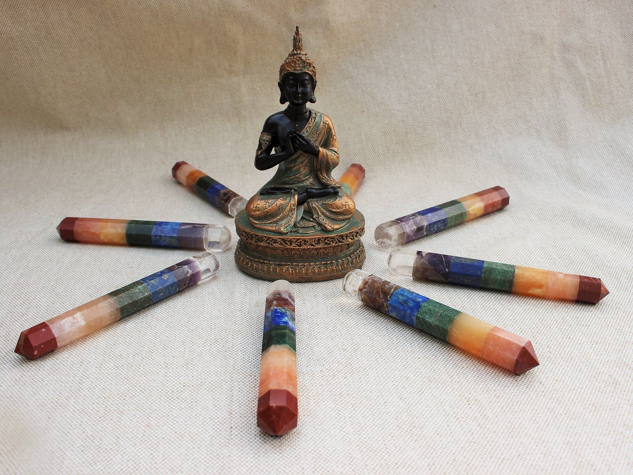 Chakra Wand Seven Gemstones, Healing Energy Terminated Crystal, Reflexology Reiki Massage Wand, Nicely Polished, with Velvet Bag