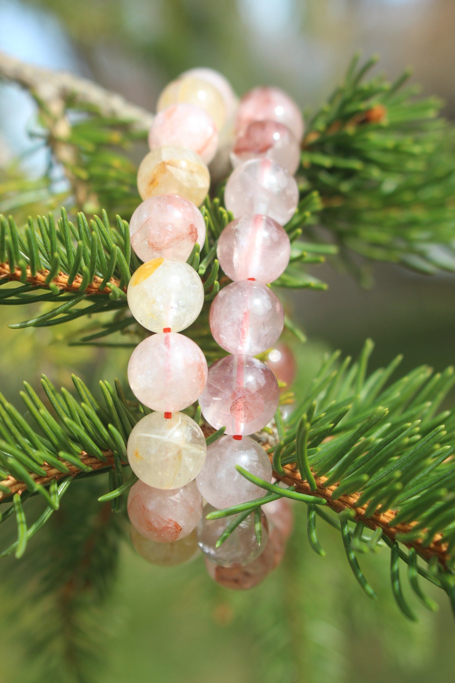 Handmade Hematoid Quartz Stretch Bracelet, Fits Most Wrists, Polished round beads- Natural- clear-rust-pink colors, Chakra Yoga Jewelry.
