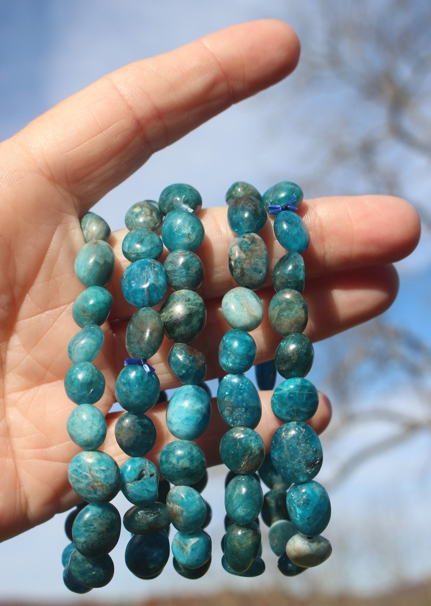 Beachy Blue Apatite Gemstone Stretch Bracelet, Fits Most Wrists, Polished Crystal, Natural Blue Turquoise Color, Chakra -Yoga-Jewelry