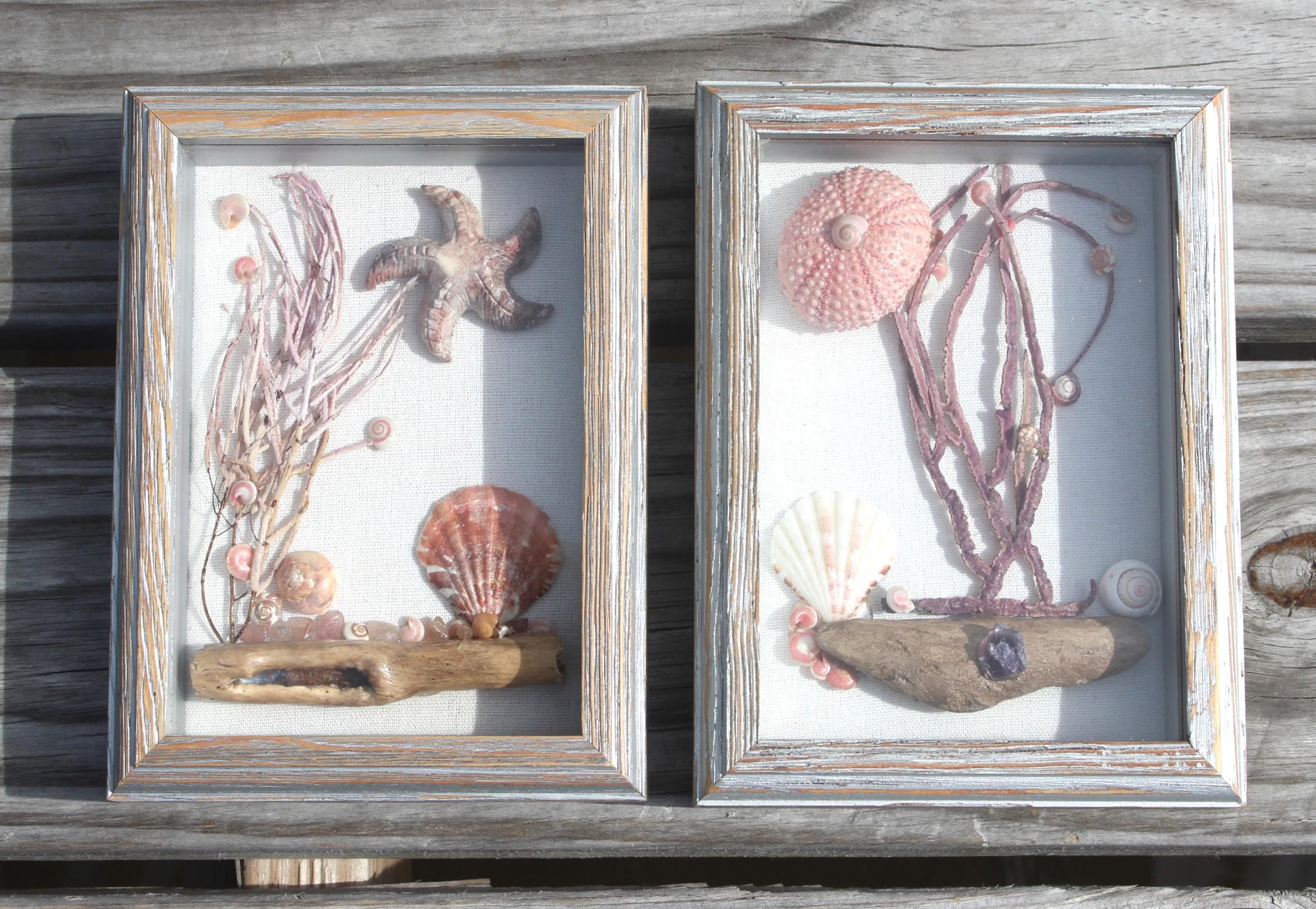 Handmade Ocean Themed Shadow Box, Shell Driftwood Sea Fan Coastal Art.
