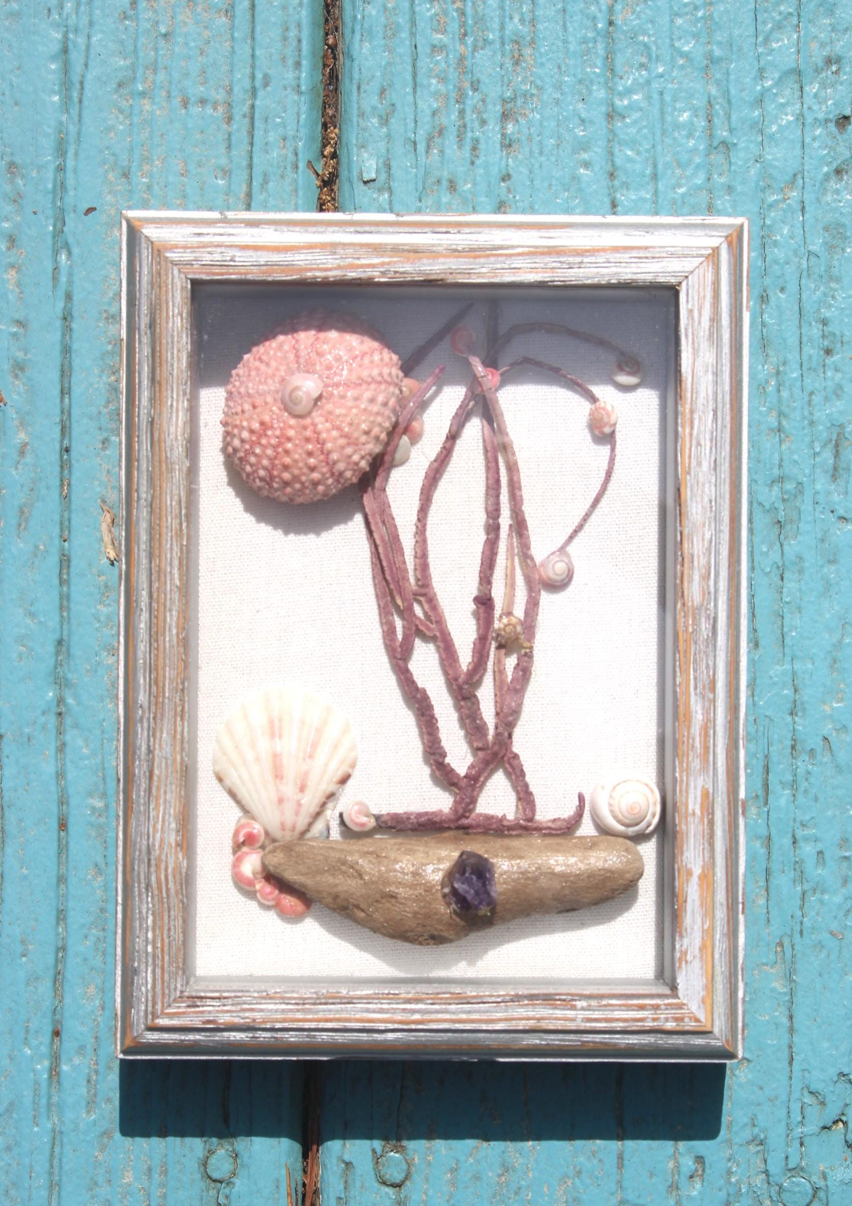 Handmade Ocean Themed Shadow Box, Shell Driftwood Sea Fan Coastal Art.