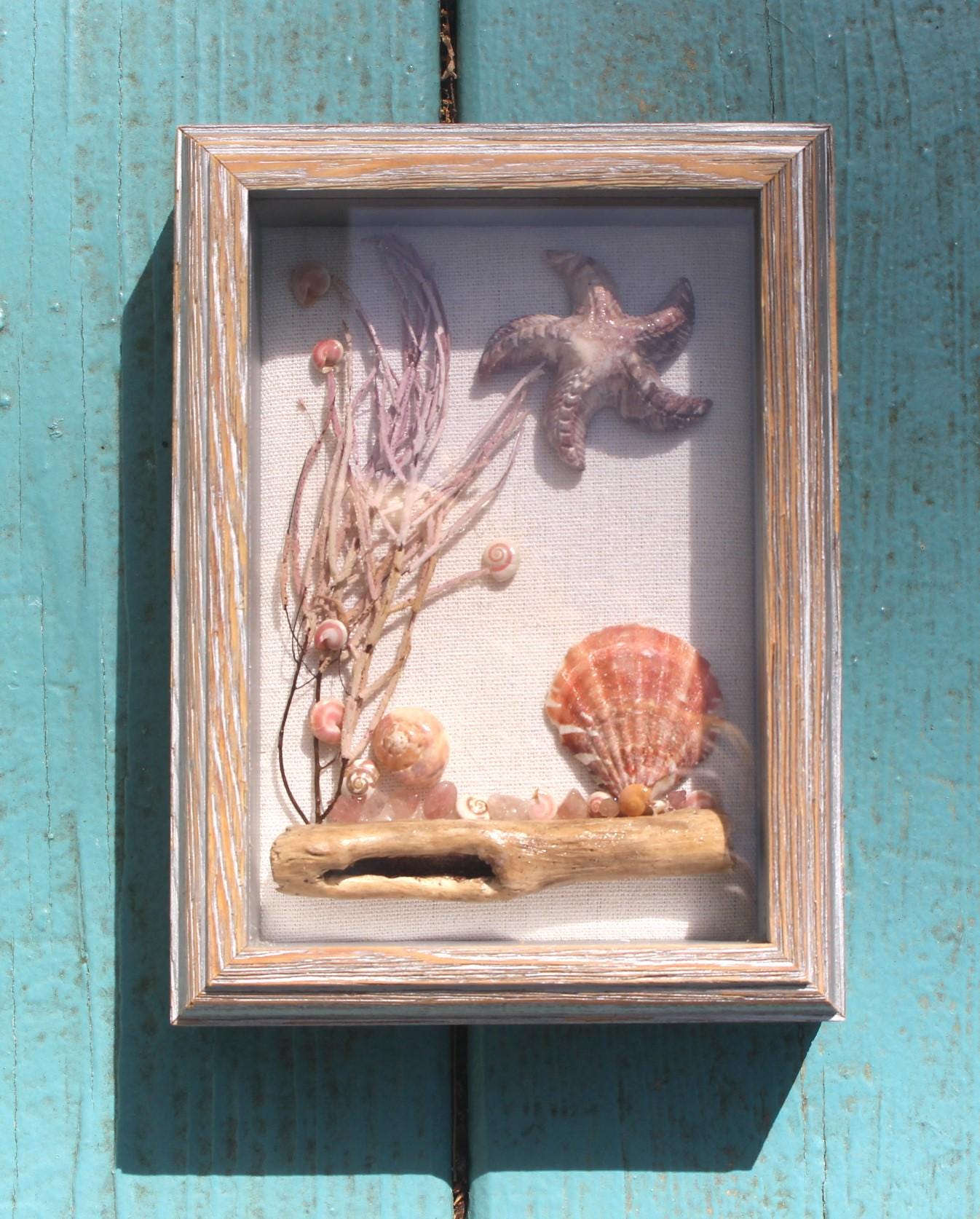Ocean Theme Shadow Box, Handmade Shell Driftwood Coastal Home Décor.  Weathered Wood Frame.