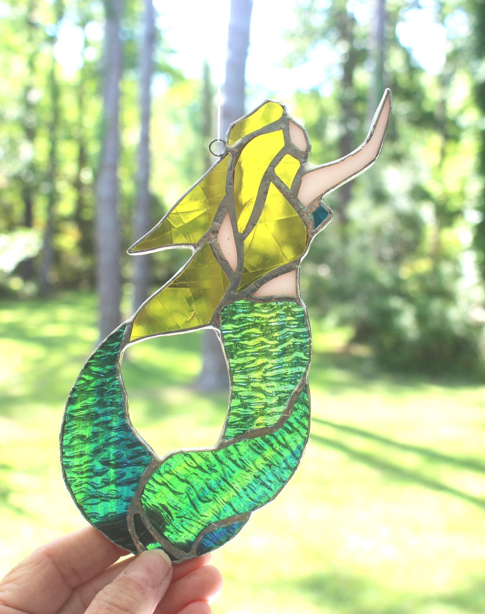 New! Real Stained Glass Mermaid Sun Catcher, Beautiful colors & detail, Well made glass handcraft, Coastal Figurine, Ready to Hang Wall Art!
