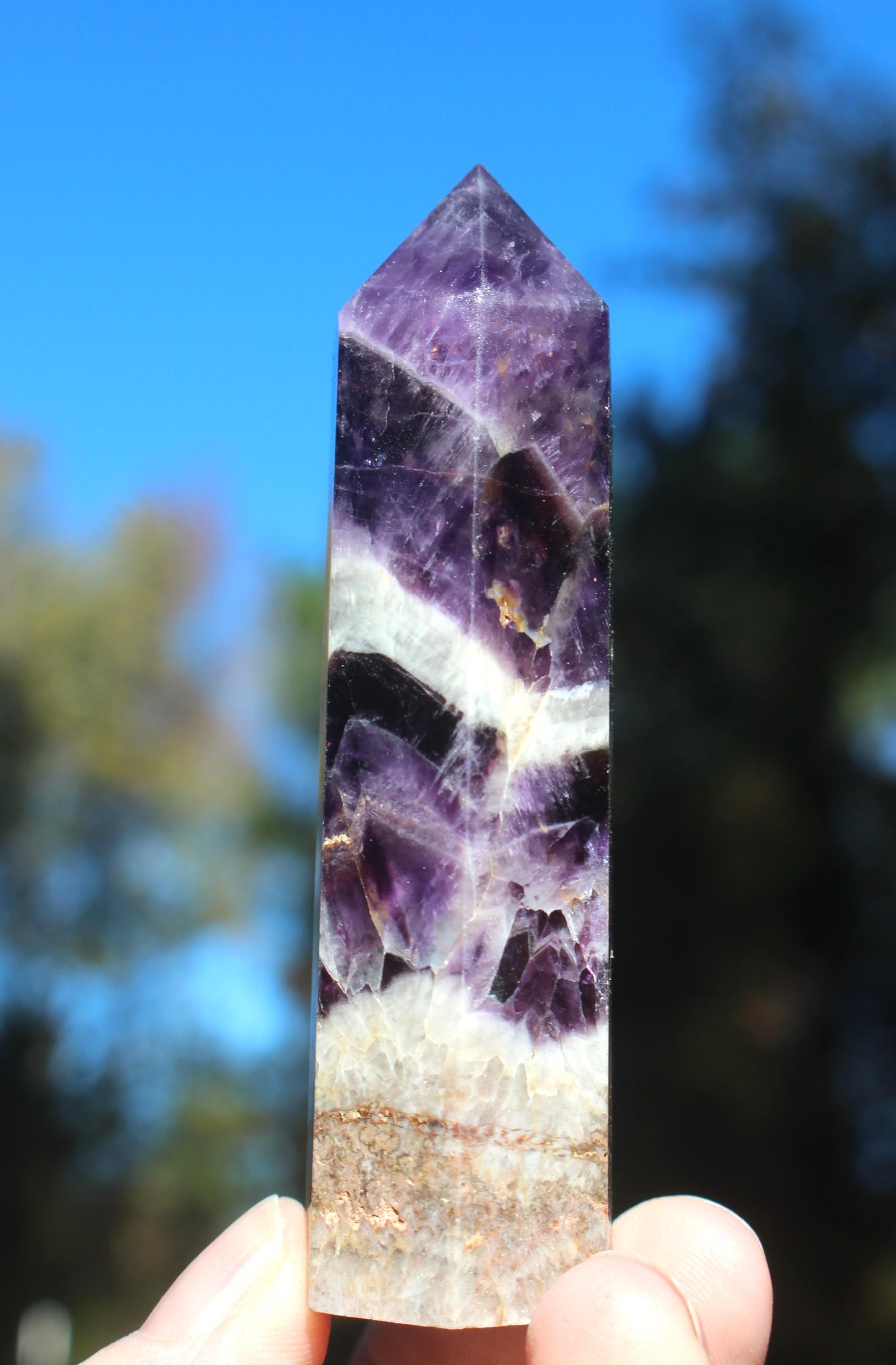 Beautiful Purple Amethyst Point, Polished Crystal Wand Obelisk Tower.  High Quality Standing Gemstone Specimen. Chevron Amethyst.