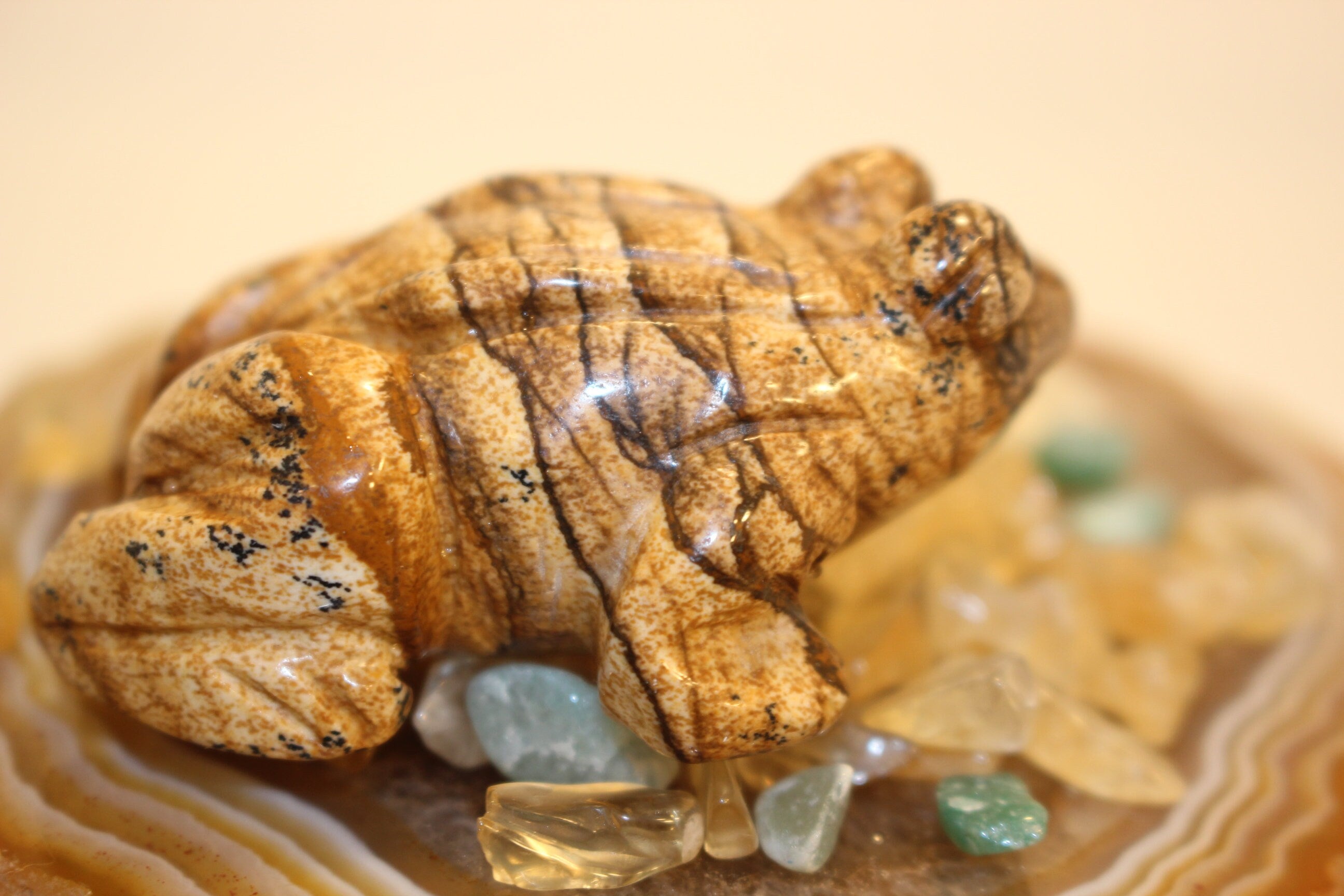 Carved Frog from Desert Jasper Gemstone, Natural Colors - Beautiful Striations,  No Resin-  Solid Crystal, Great Fathers Day Gift.