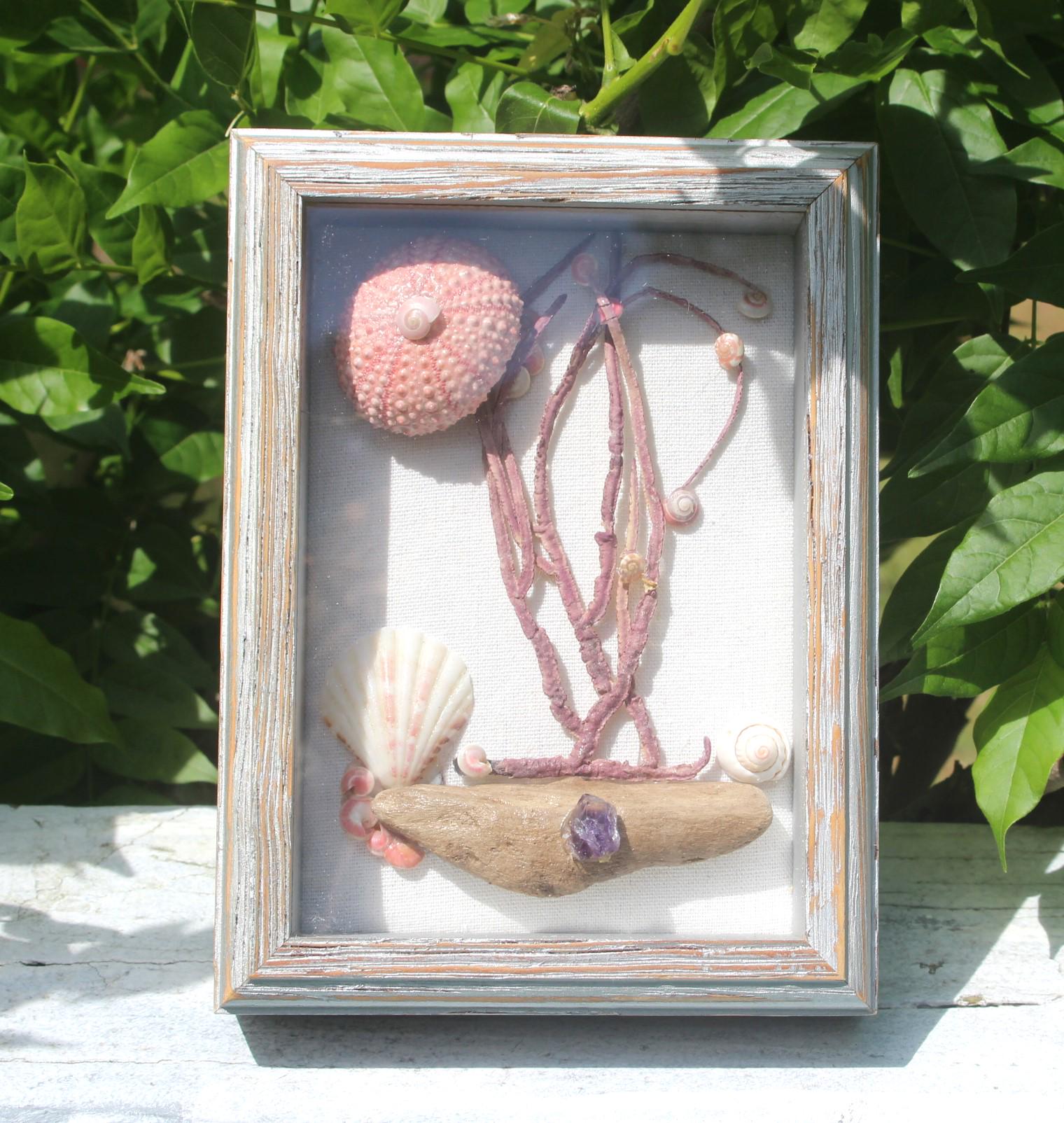 Handmade Ocean Themed Shadow Box, Shell Driftwood Sea Fan Coastal Art.