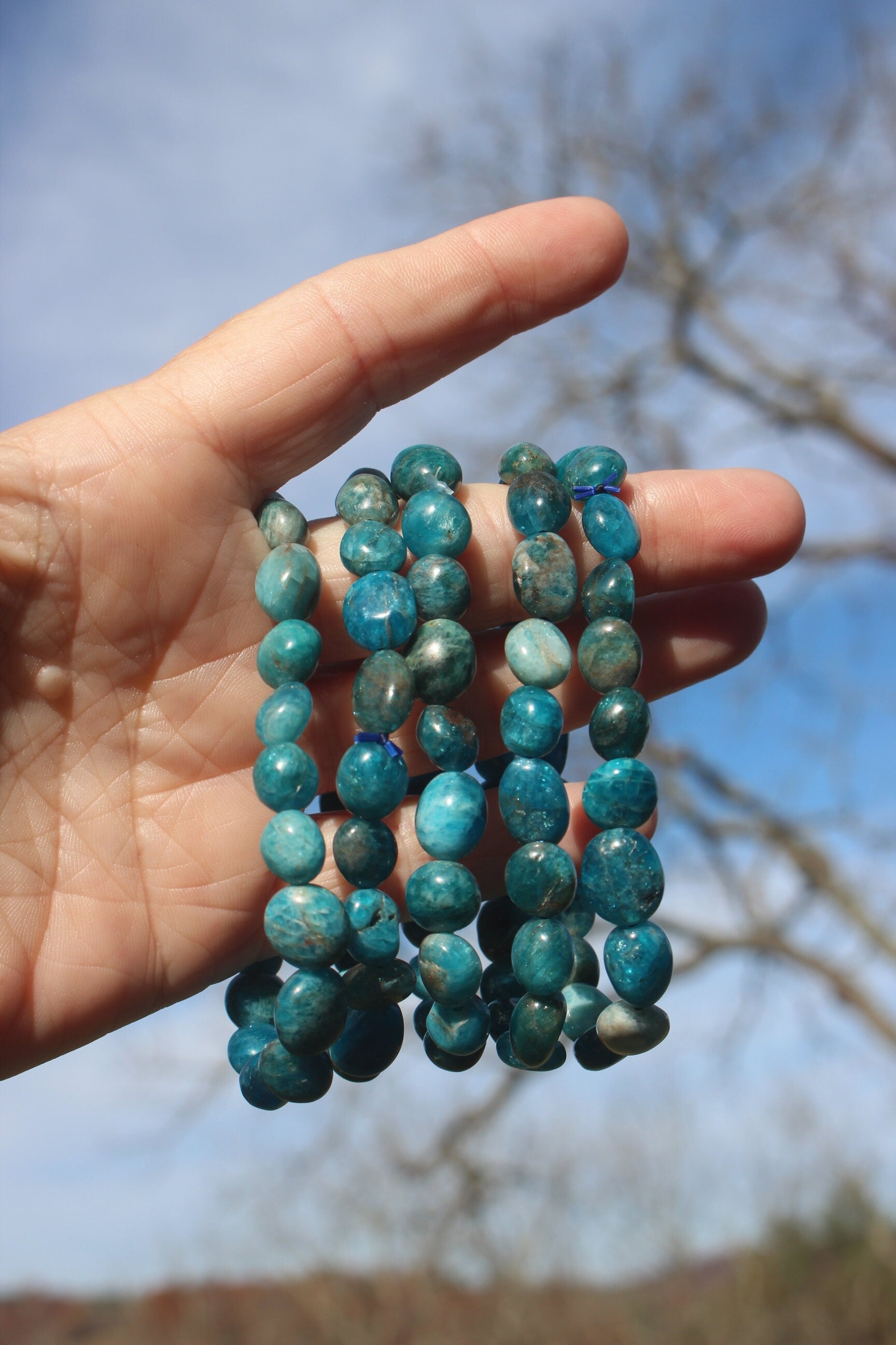 Beachy Blue Apatite Gemstone Stretch Bracelet, Fits Most Wrists, Polished Crystal, Natural Blue Turquoise Color, Chakra -Yoga-Jewelry