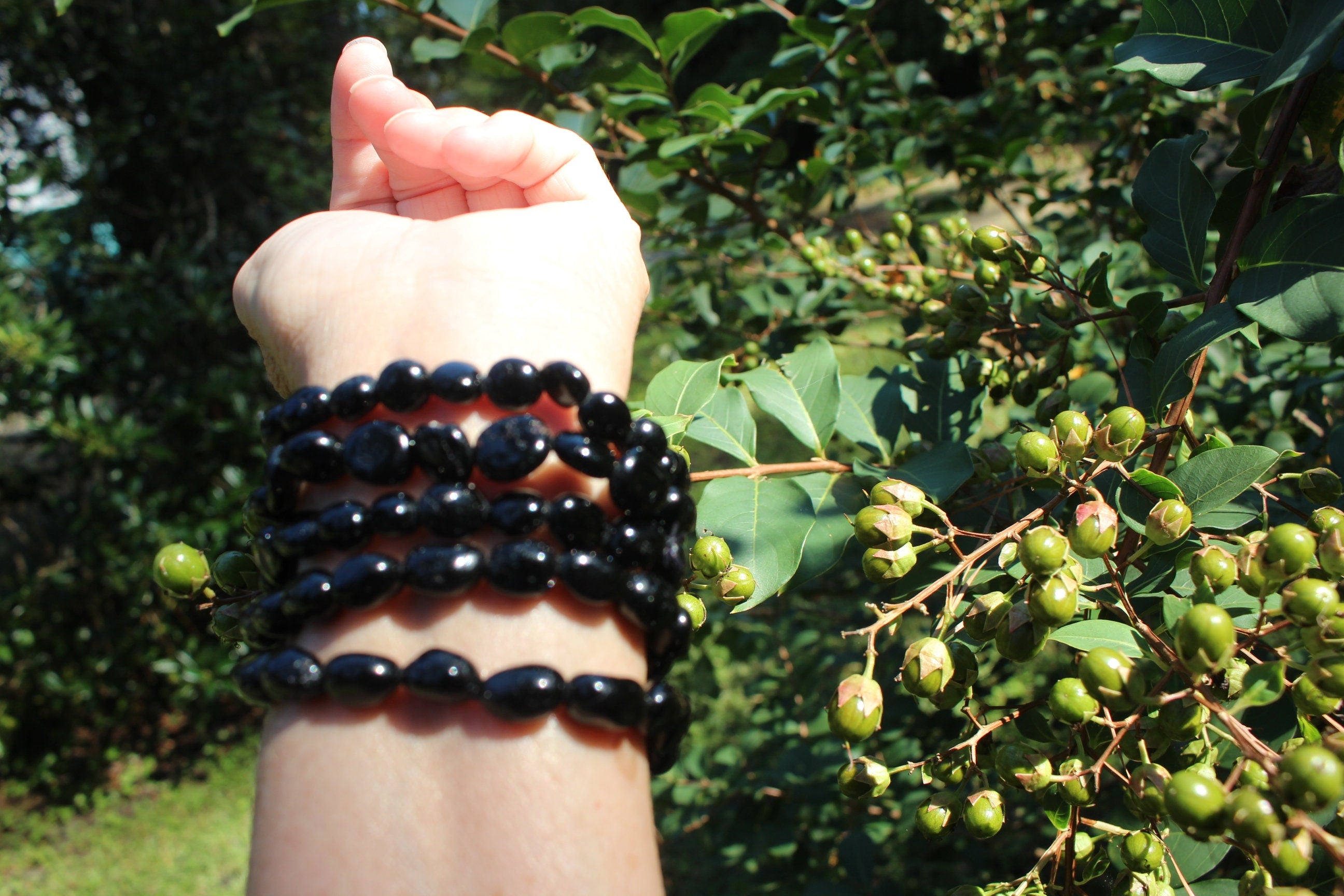 Black Obsidian Beaded Stretch Bracelet, Fits Most Wrists, Nice Polish. Round Crystal-Gemstone Jewelry, Jet Black Color.