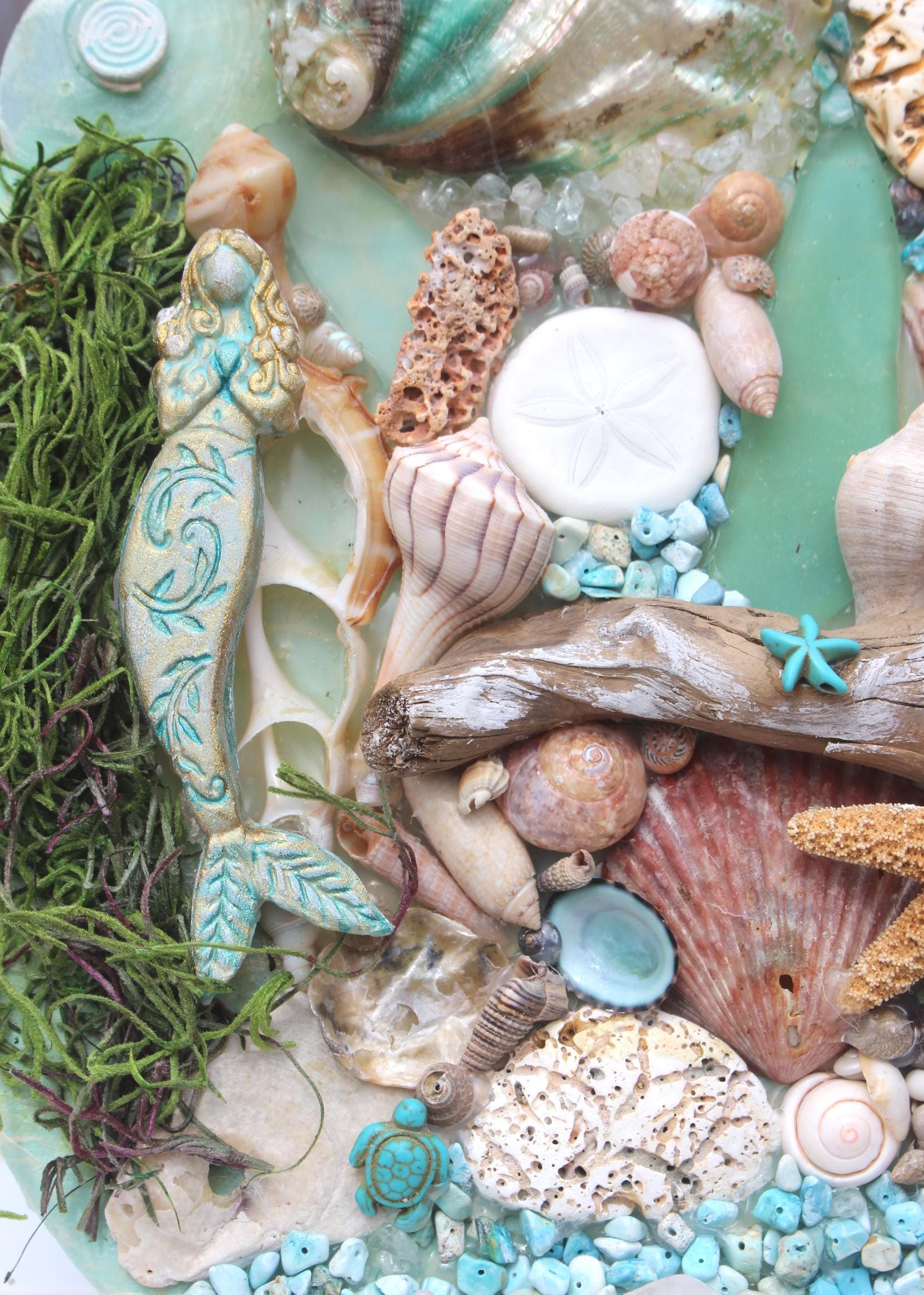 Shell Canvas Wall Art Décor, Original Mermaid  Ocean Art w/ Driftwood, Handmade Island Life Sea Collage, Titled Maiden Voyage. 8 by 10 inch.