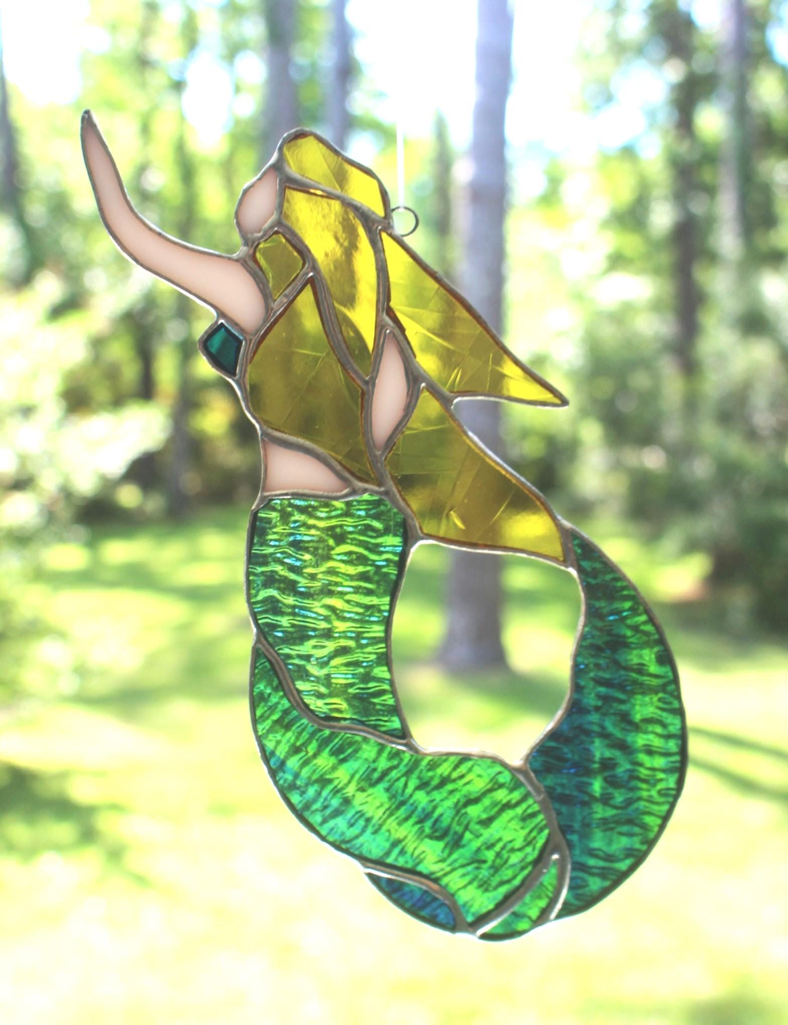 New! Real Stained Glass Mermaid Sun Catcher, Beautiful colors & detail, Well made glass handcraft, Coastal Figurine, Ready to Hang Wall Art!