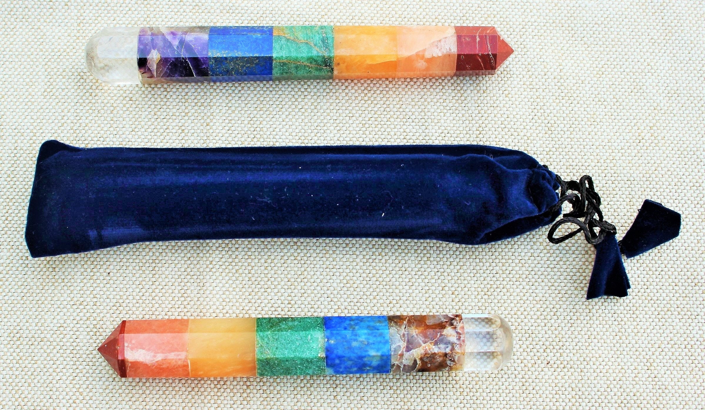 Chakra Wand Seven Gemstones, Healing Energy Terminated Crystal, Reflexology Reiki Massage Wand, Nicely Polished, with Velvet Bag