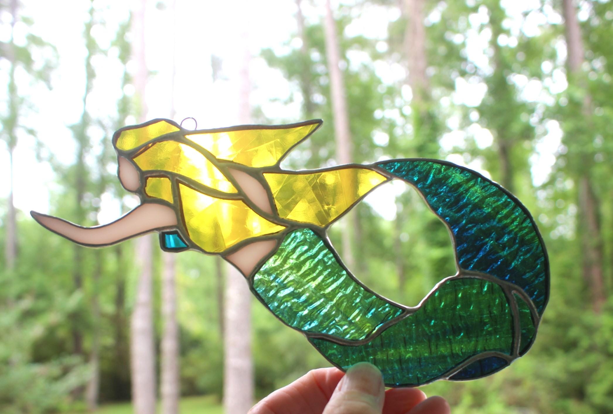 New! Real Stained Glass Mermaid Sun Catcher, Beautiful colors & detail, Well made glass handcraft, Coastal Figurine, Ready to Hang Wall Art!
