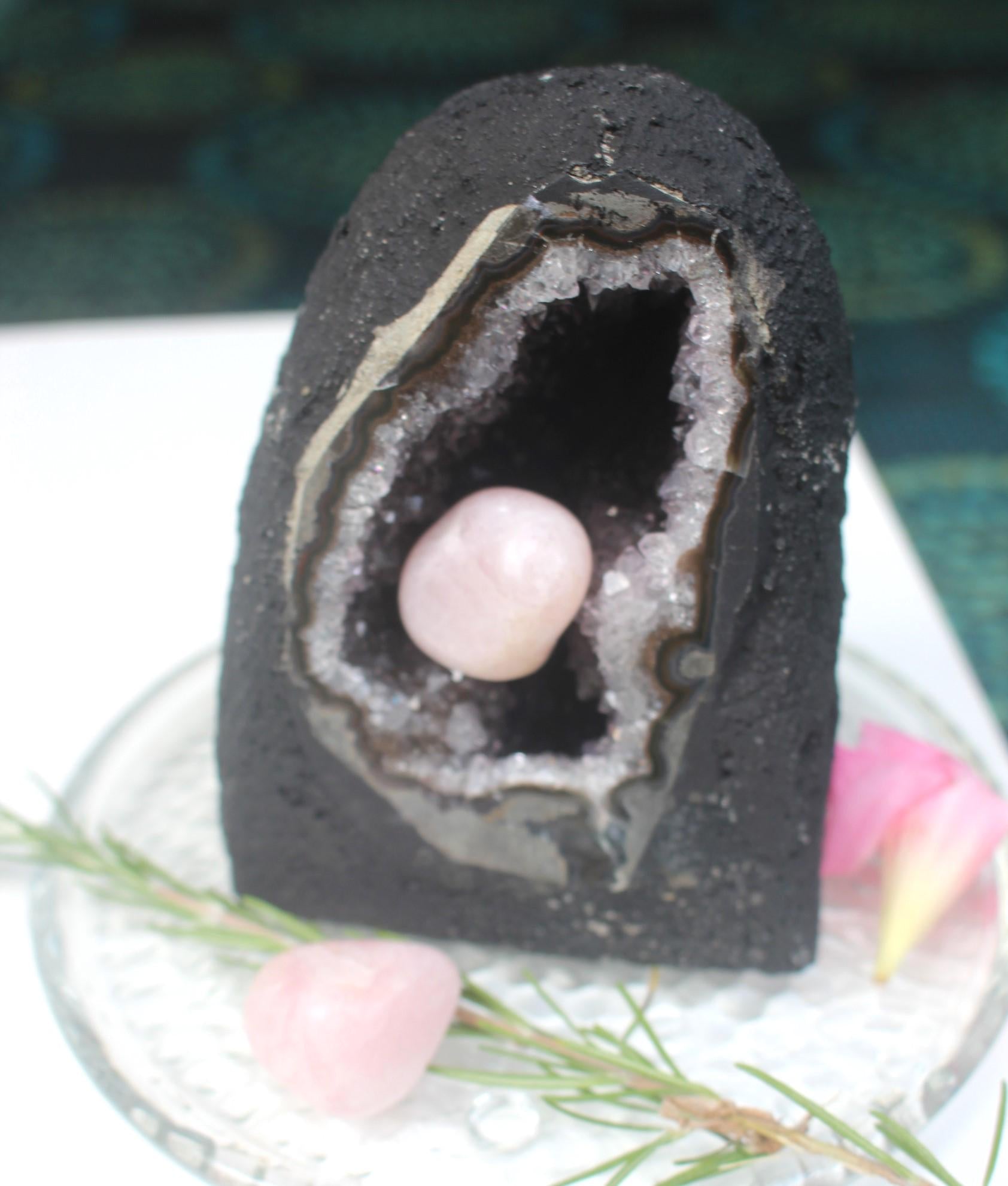 Amethyst Geode Crystal Cave Cathedral w/ Rose Quartz Stone,  Hollow Geode Collectible Specimen. Boho Home Décor, Priority Mail Shipping.