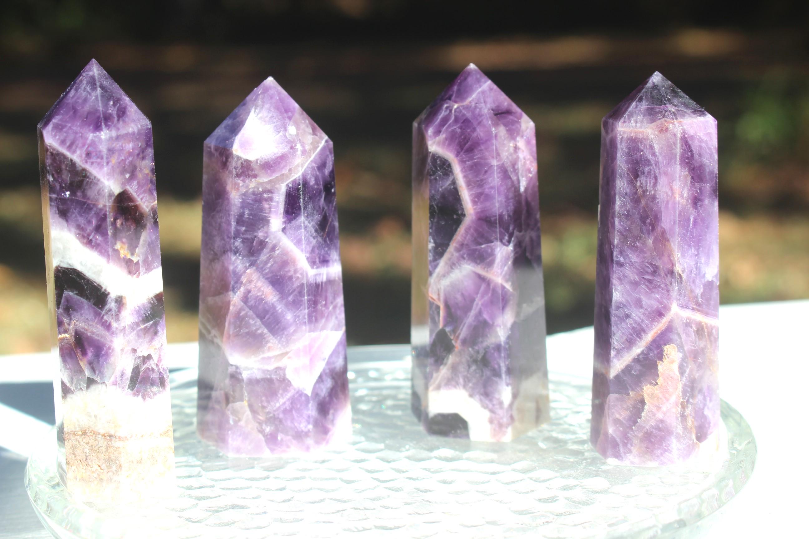 Chevron Amethyst Terminated Point/Wand. Purple Tower, Polished Crystal Obelisk High Quality.