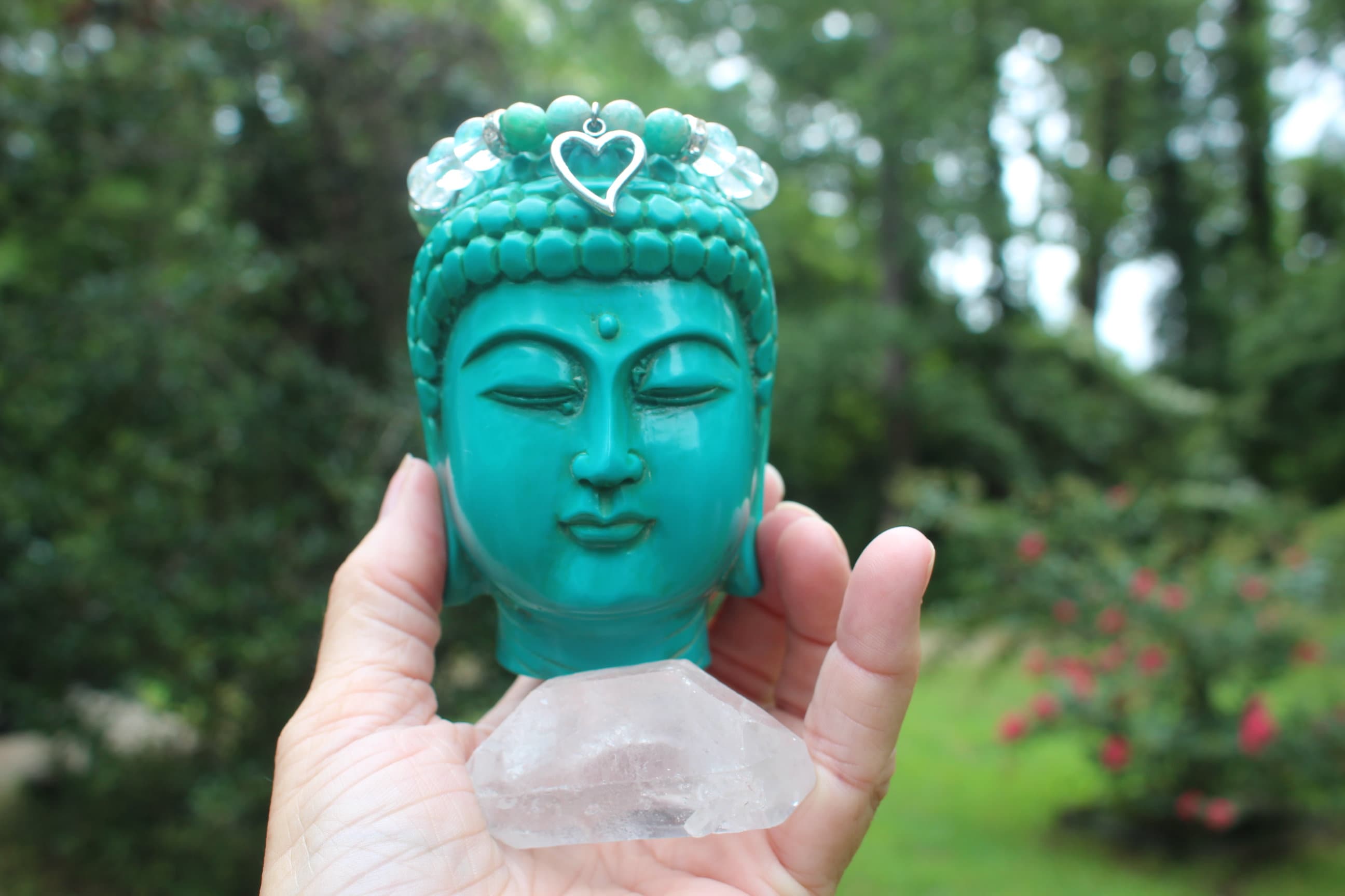 Meditation Room Relaxation Gift Set, Turquoise Color Buddha Head, Amazonite & Quartz Bracelet,  Large Quartz Crystal. Yoga Gift.