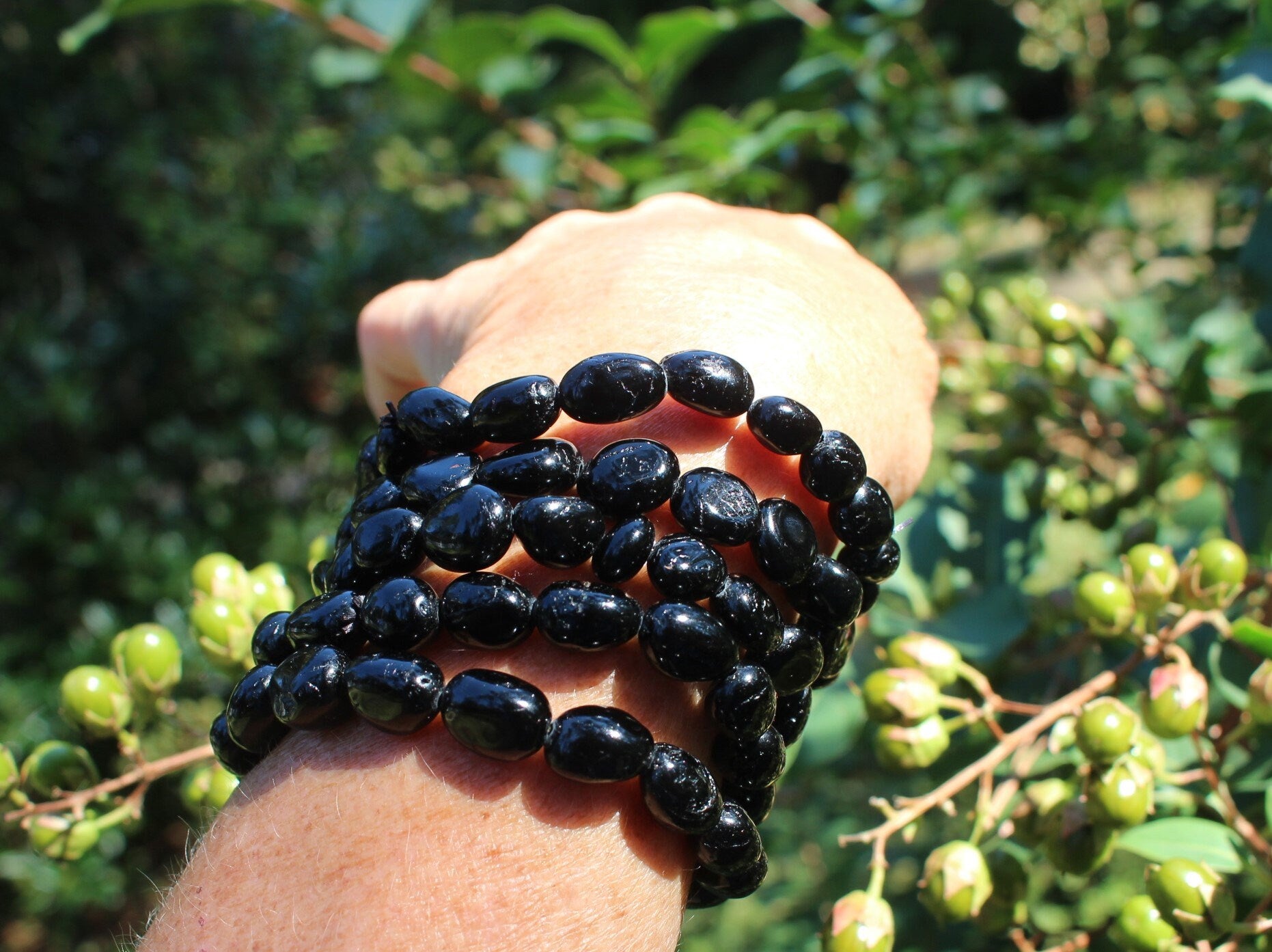 Black Obsidian Beaded Stretch Bracelet, Fits Most Wrists, Nice Polish. Round Crystal-Gemstone Jewelry, Jet Black Color.